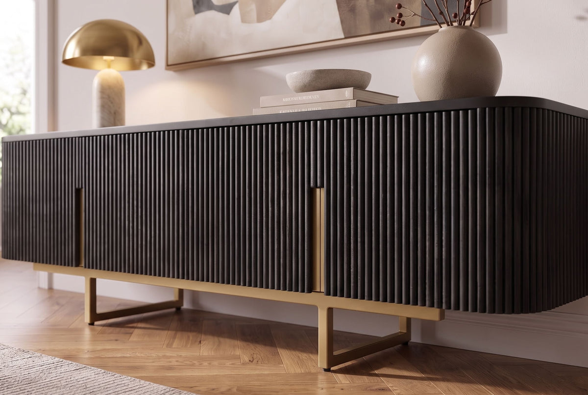 Meuble TV massif GATSBY 160cm meuble bas rétro en manguier noir doré