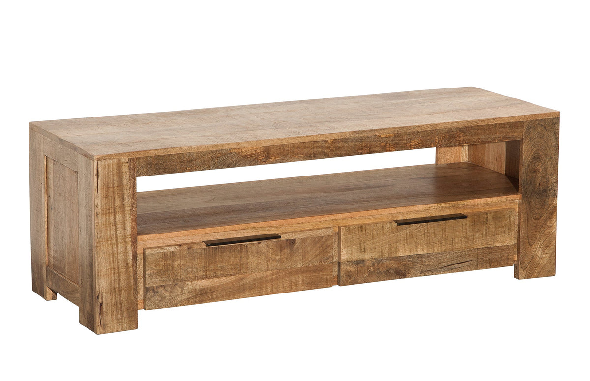 Meuble TV massif IRON CRAFT 130cm meuble bas en manguier 2 tiroirs