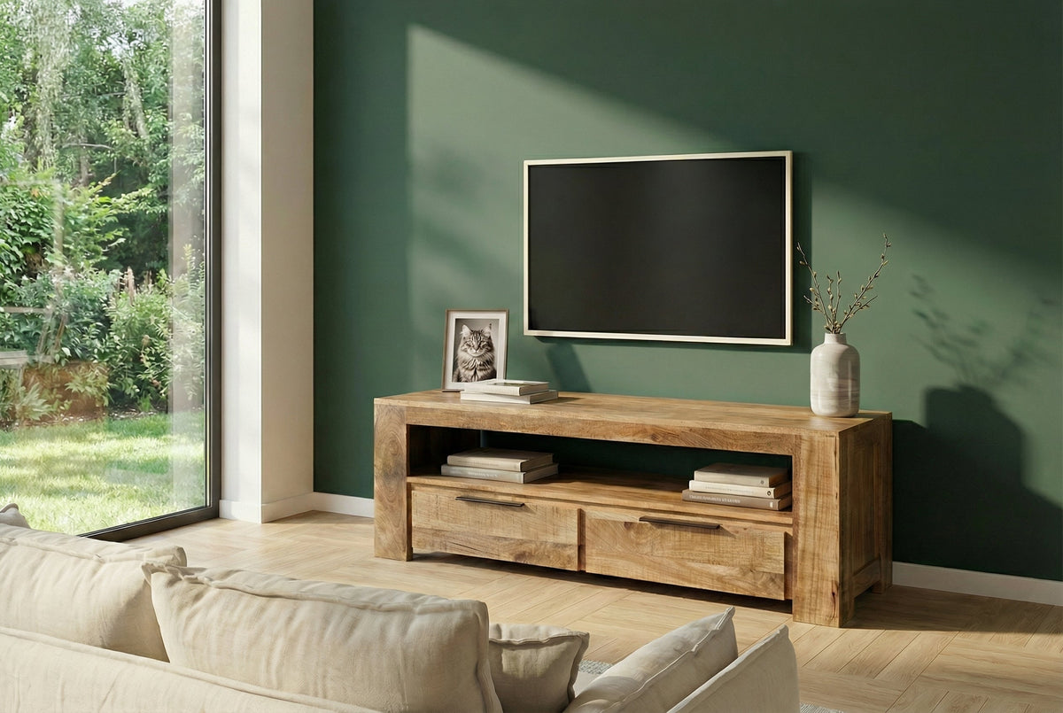 Meuble TV massif IRON CRAFT 130cm meuble bas en manguier 2 tiroirs