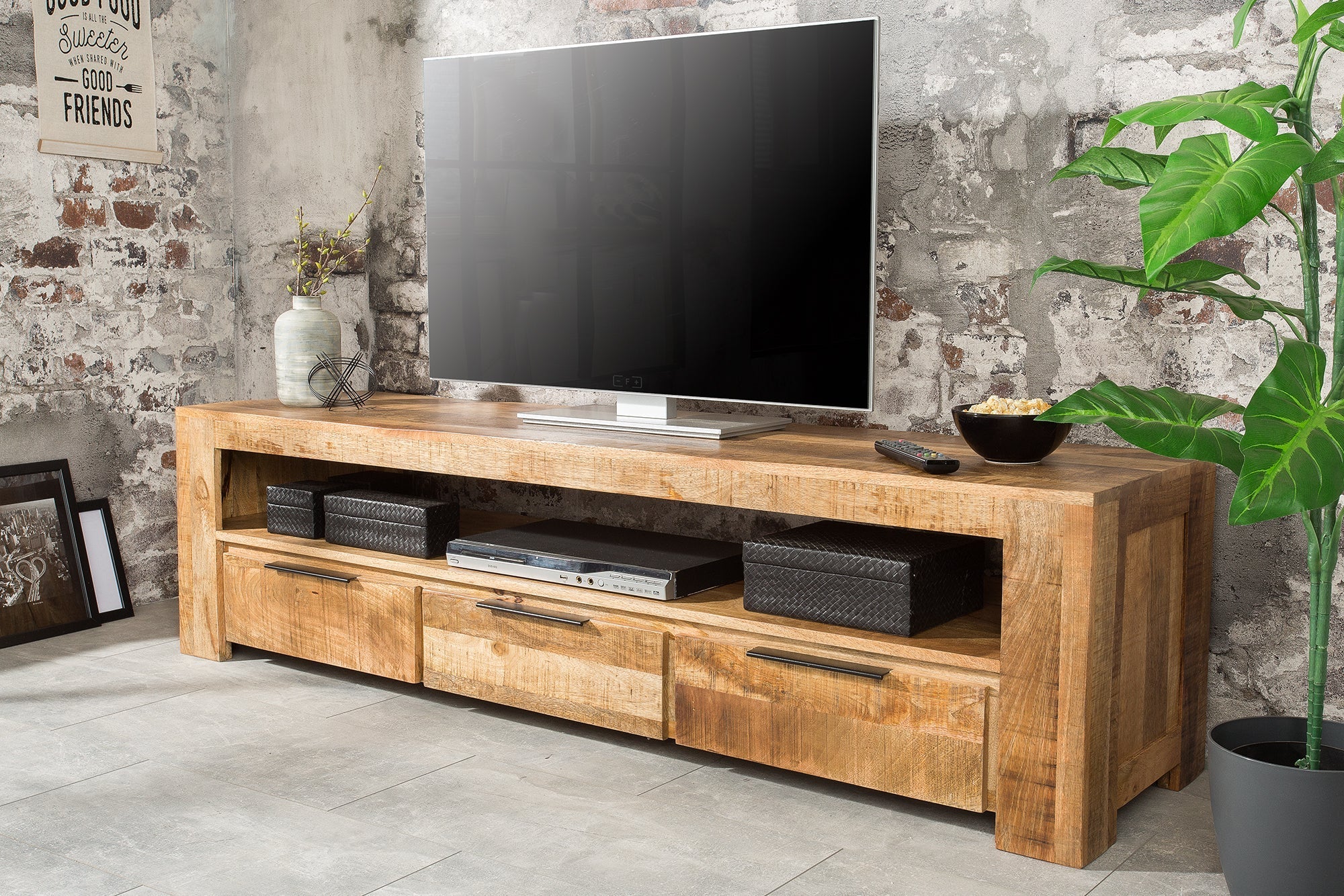 Meuble TV massif IRON CRAFT 170cm meuble bas en manguier 3 tiroirs