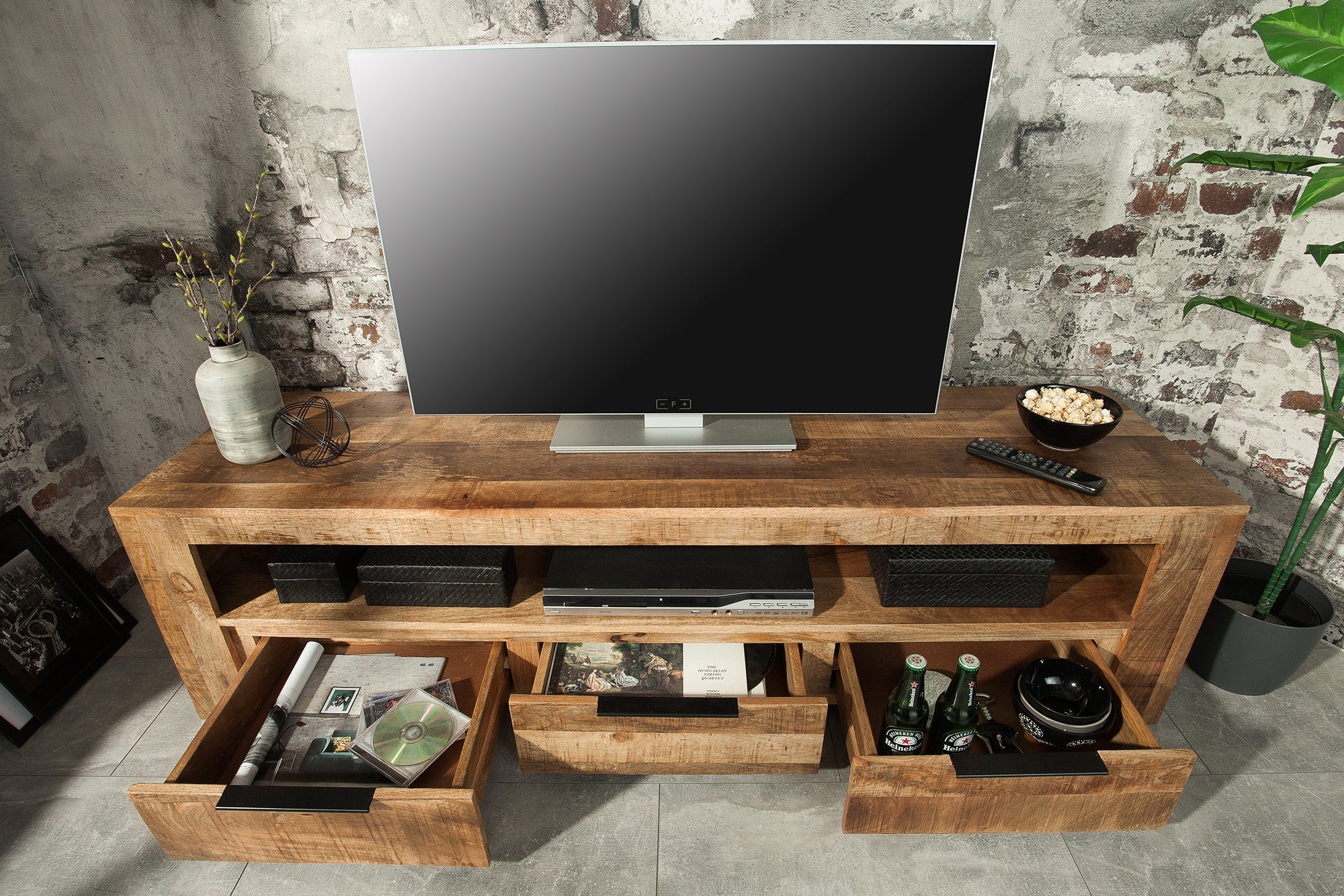 Meuble TV massif IRON CRAFT 170cm meuble bas en manguier 3 tiroirs