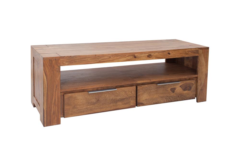 Meuble TV massif MAKASSAR 130cm marron finition pierre Sheesham lowboard deux tiroirs