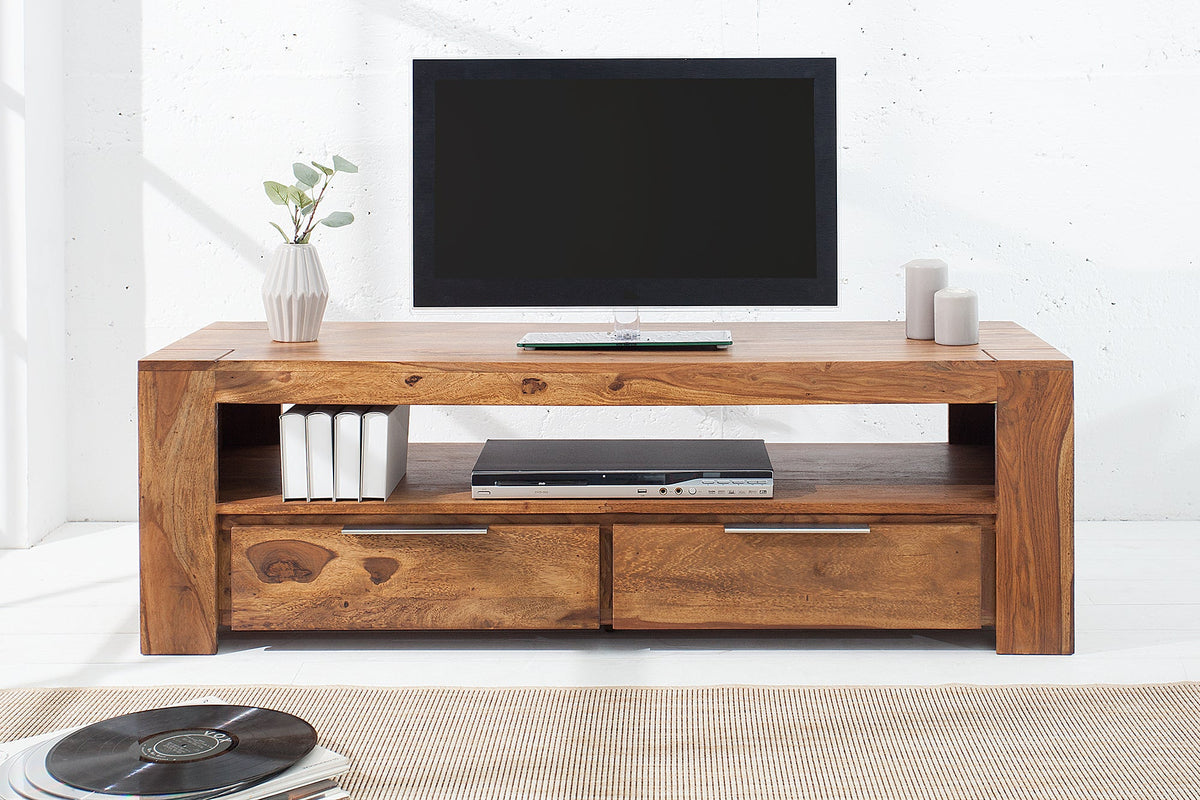 Meuble TV massif MAKASSAR 130cm marron finition pierre Sheesham lowboard deux tiroirs