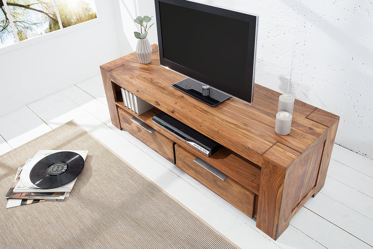 Meuble TV massif MAKASSAR 130cm marron finition pierre Sheesham lowboard deux tiroirs