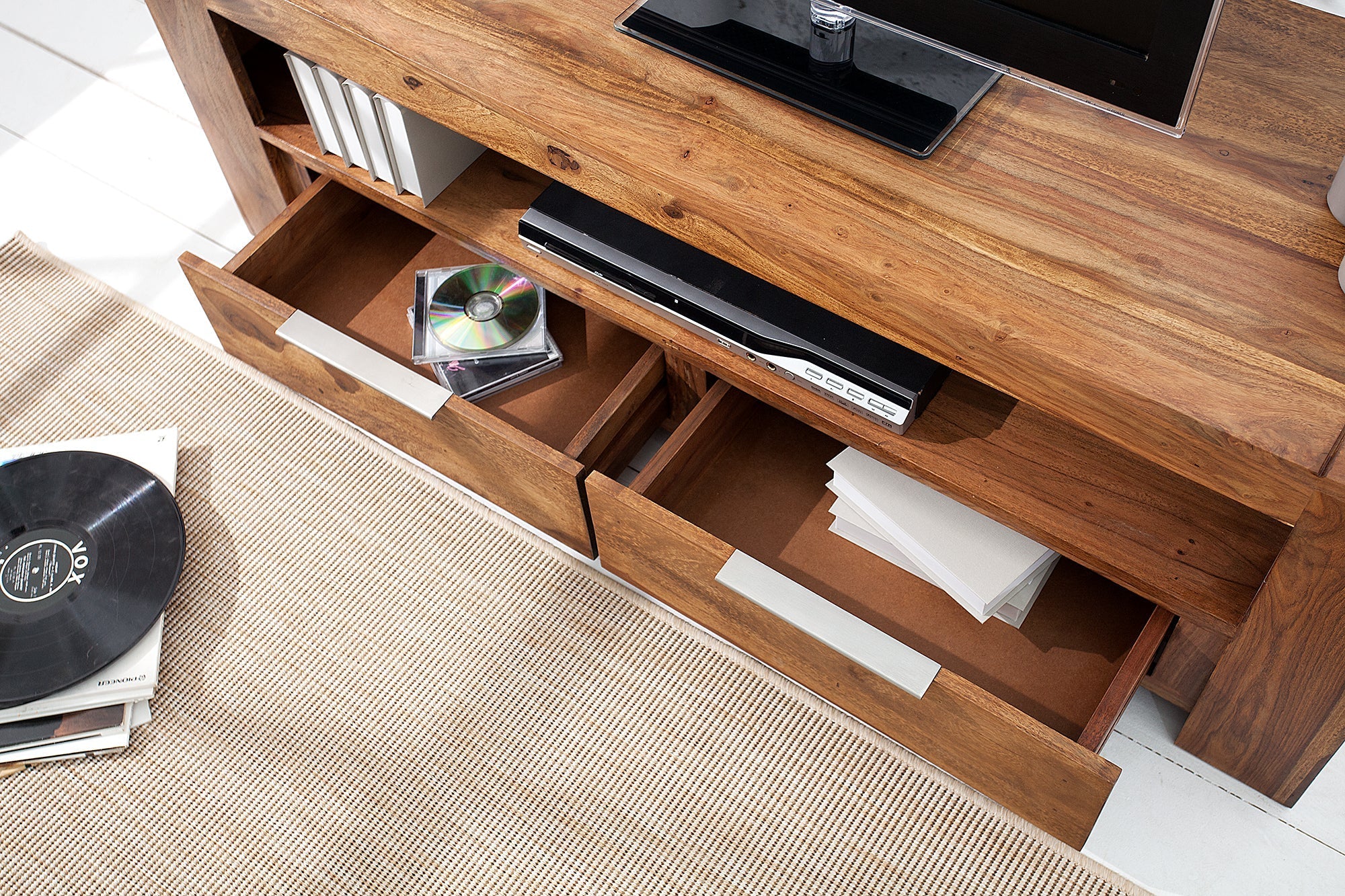 Meuble TV massif MAKASSAR 130cm marron finition pierre Sheesham lowboard deux tiroirs