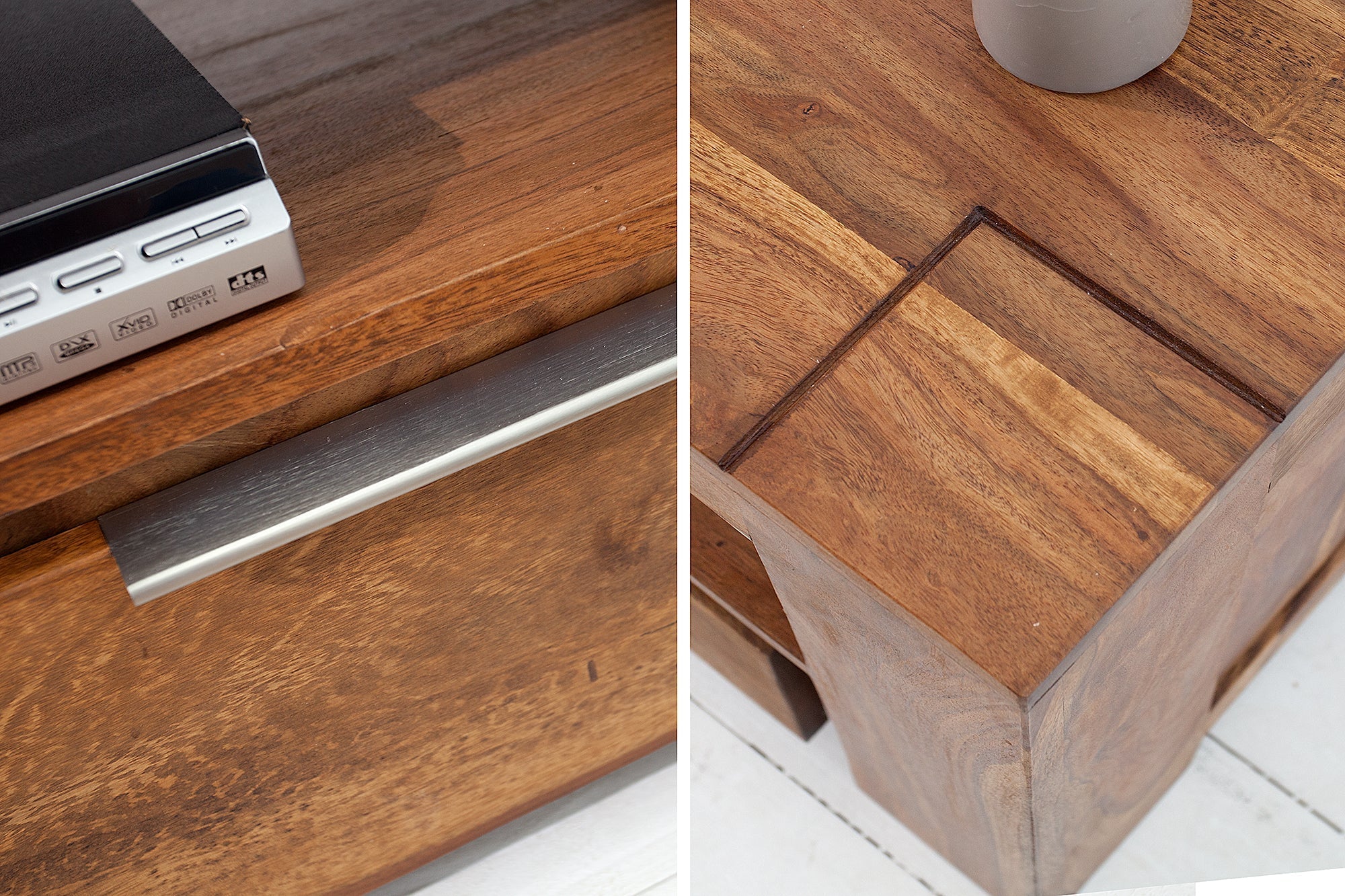 Meuble TV massif MAKASSAR 130cm marron finition pierre Sheesham lowboard deux tiroirs
