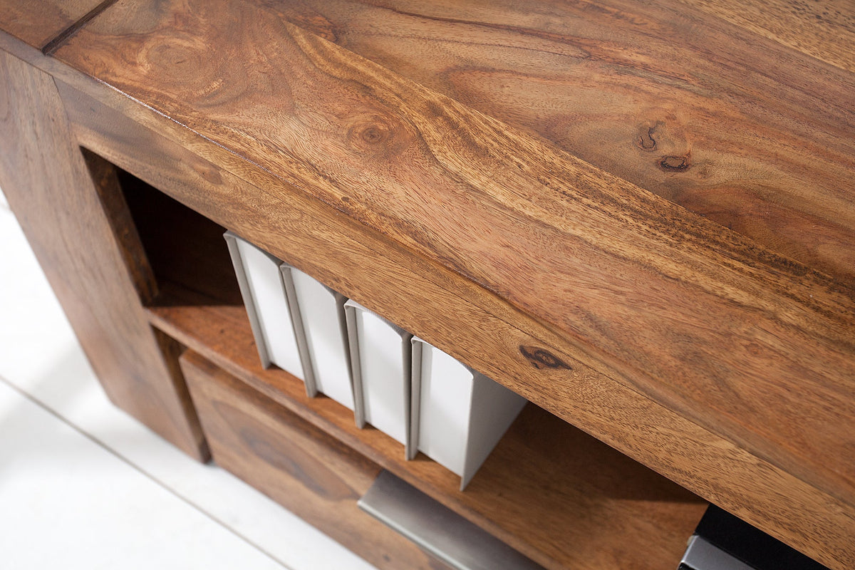 Meuble TV massif MAKASSAR 130cm marron finition pierre Sheesham lowboard deux tiroirs