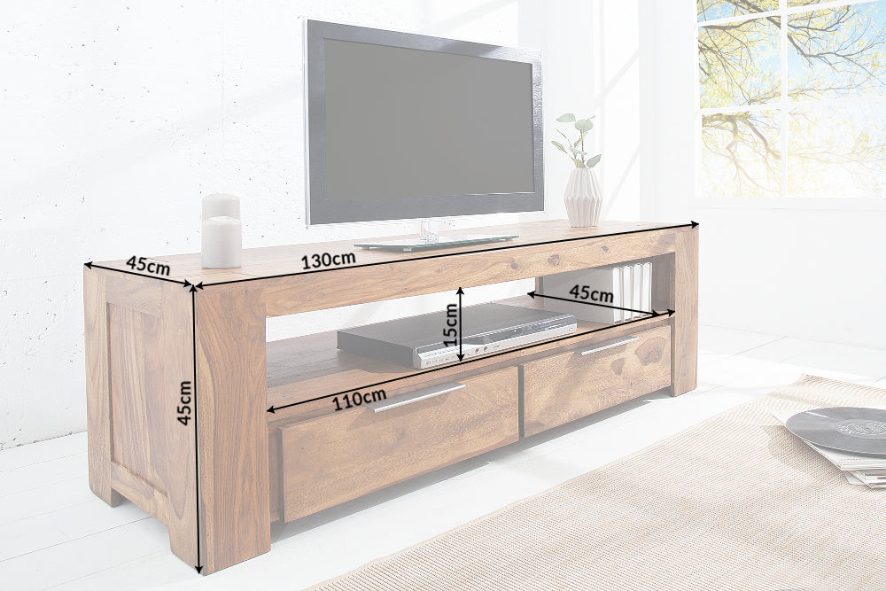 Meuble TV massif MAKASSAR 130cm marron finition pierre Sheesham lowboard deux tiroirs