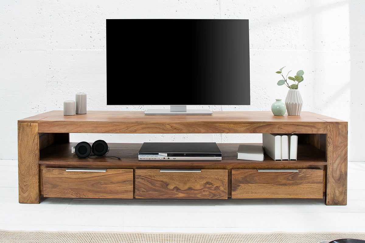 Meuble TV massif MAKASSAR 170cm marron finition pierre Sheesham lowboard trois tiroirs