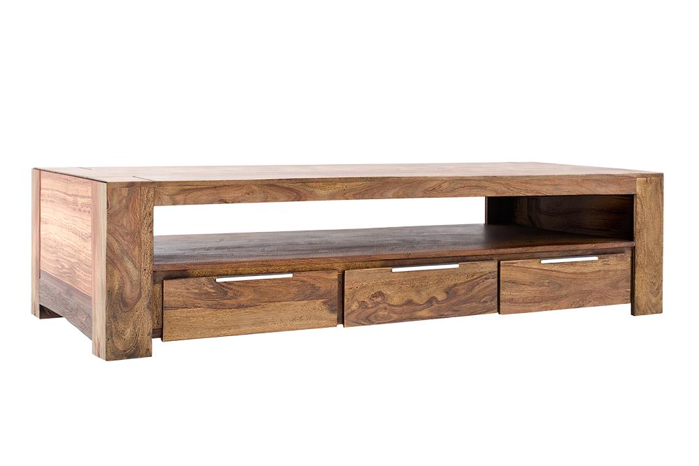Meuble TV massif MAKASSAR 170cm marron finition pierre Sheesham lowboard trois tiroirs