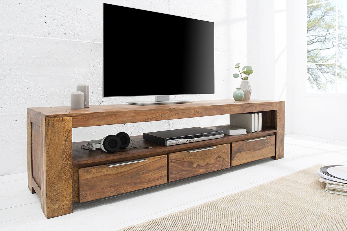 Meuble TV massif MAKASSAR 170cm marron finition pierre Sheesham lowboard trois tiroirs