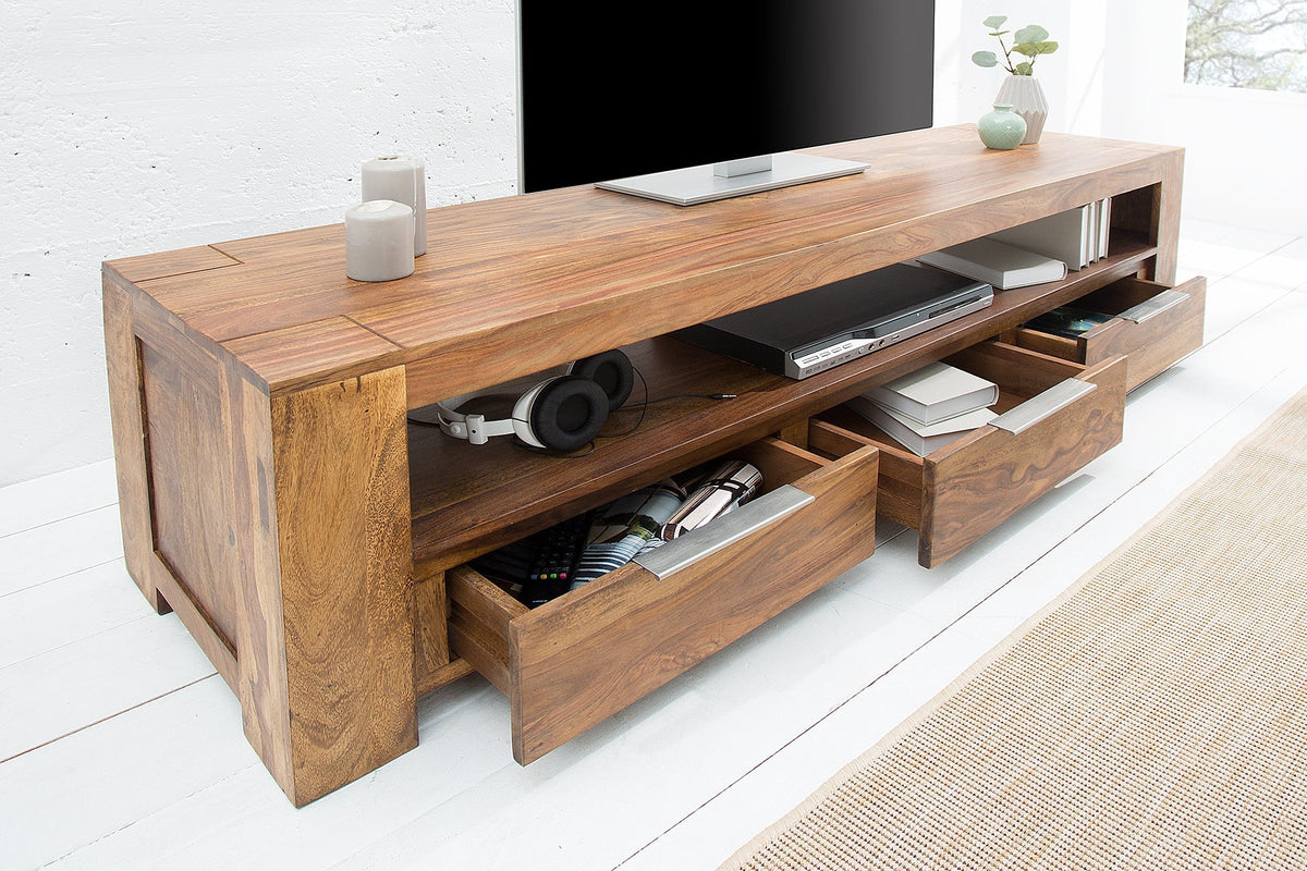 Meuble TV massif MAKASSAR 170cm marron finition pierre Sheesham lowboard trois tiroirs