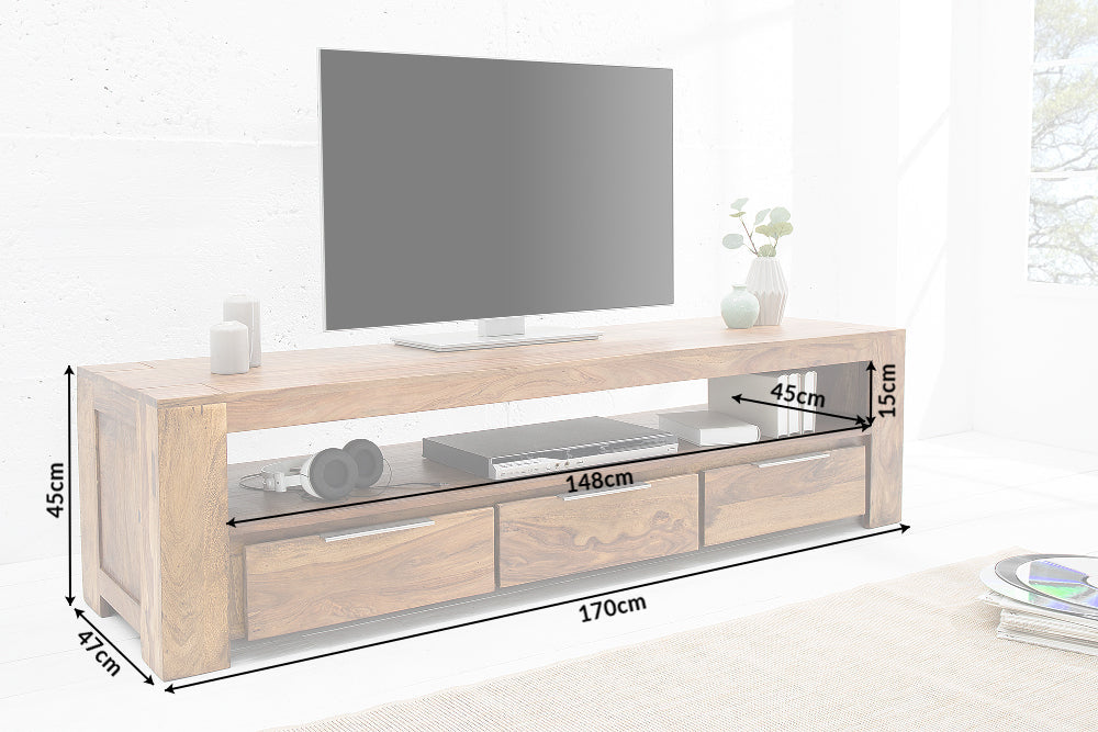 Meuble TV massif MAKASSAR 170cm marron finition pierre Sheesham lowboard trois tiroirs