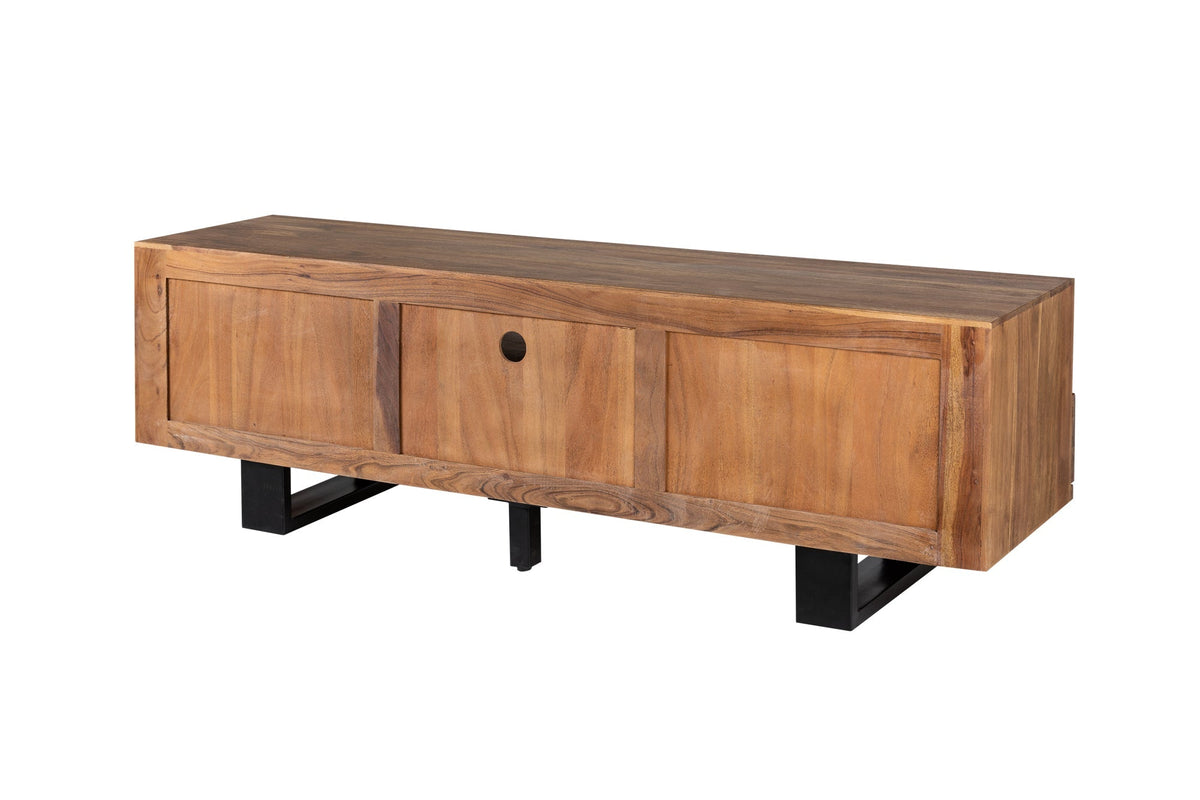 Meuble TV massif MAMMUT 160cm acacia finition miel meuble bas bord d’arbre en métal