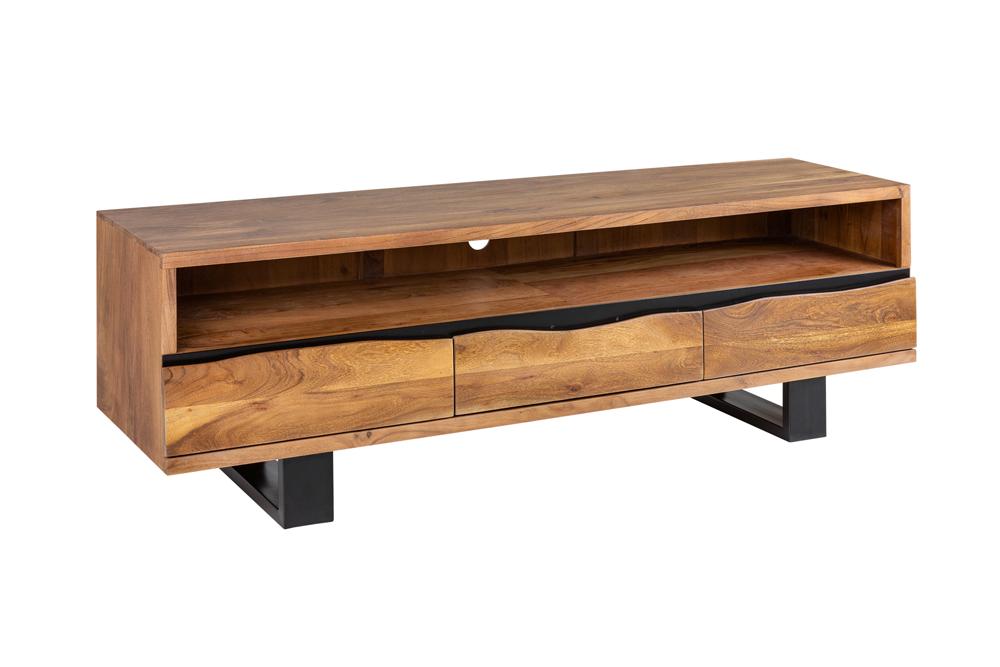 Meuble TV massif MAMMUT 160cm acacia finition miel meuble bas bord d’arbre en métal