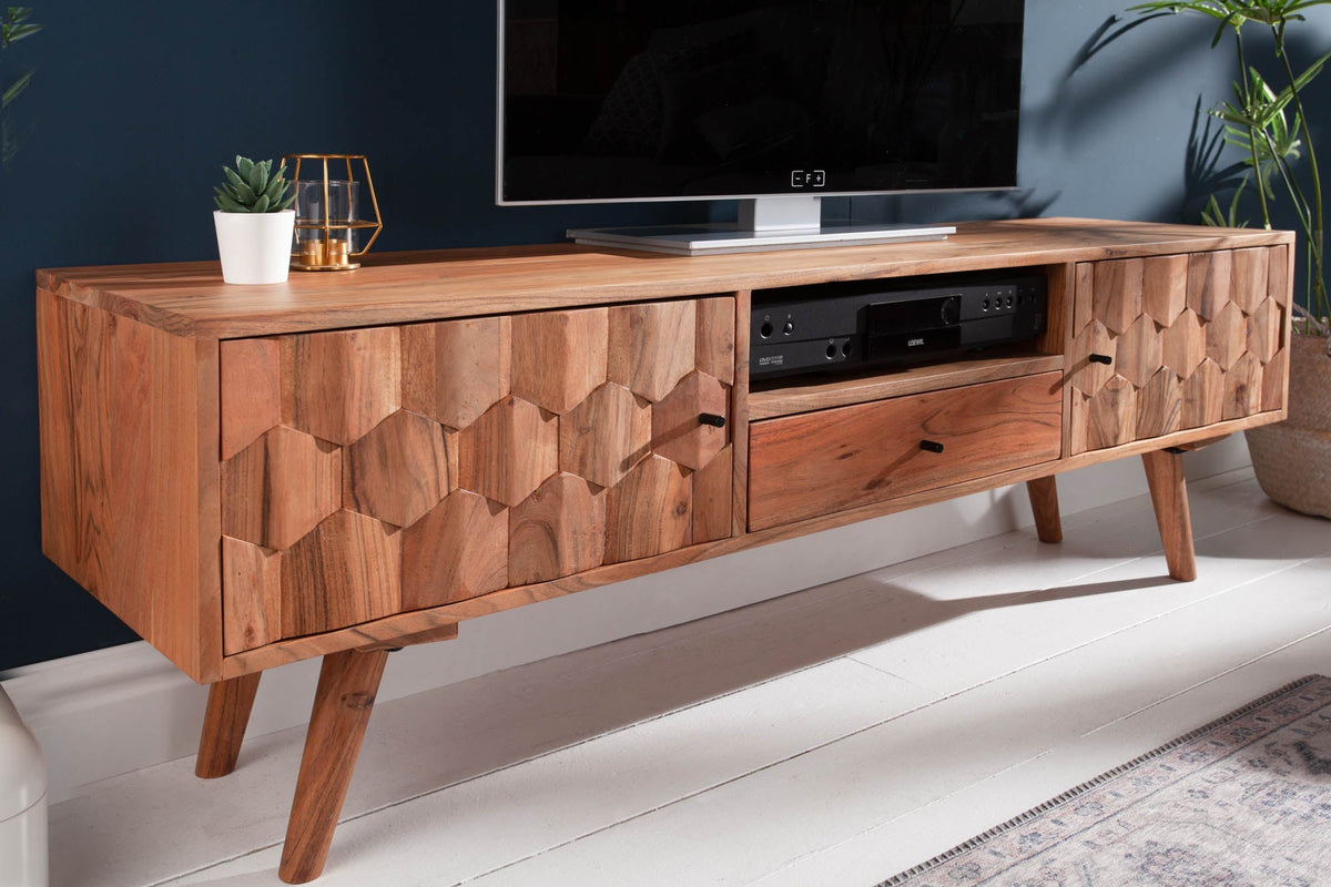 Meuble TV massif MYSTIC LIVING 140cm acacia naturel surface 3D bois massif