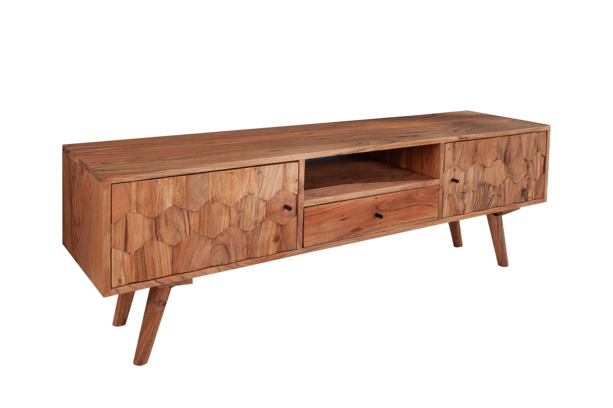 Meuble TV massif MYSTIC LIVING 140cm acacia naturel surface 3D bois massif
