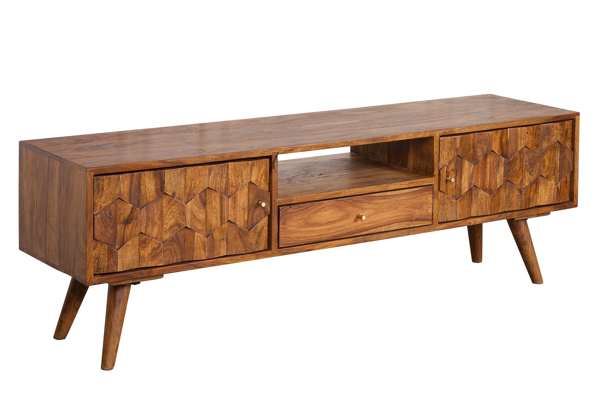 Meuble TV massif MYSTIC LIVING 140cm bois massif Sheesham marron finition pierre façade 3D