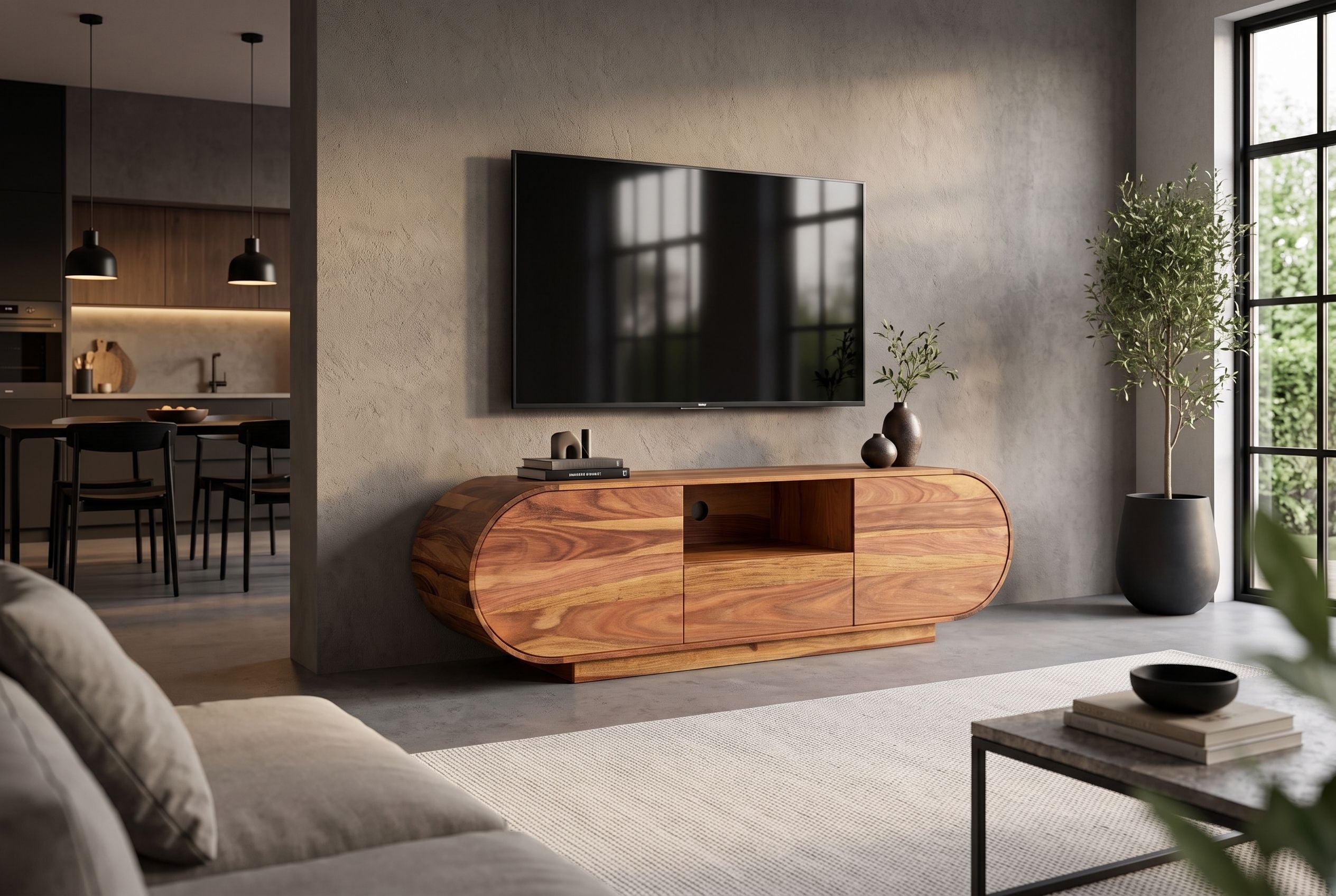 Meuble TV massif ORGANIKO 160cm bois de sheesham marron finition pierre meuble bas ovale