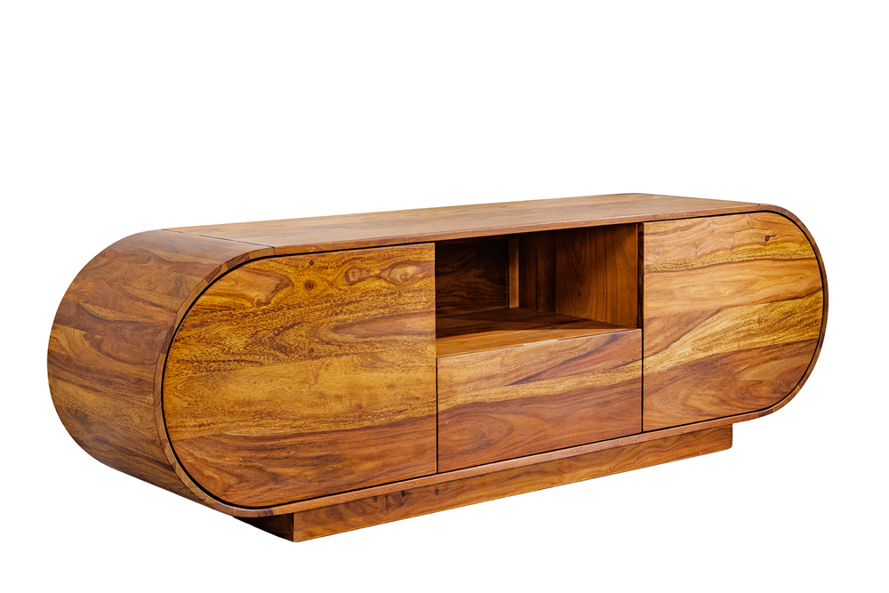 Meuble TV massif ORGANIKO 160cm bois de sheesham marron finition pierre meuble bas ovale
