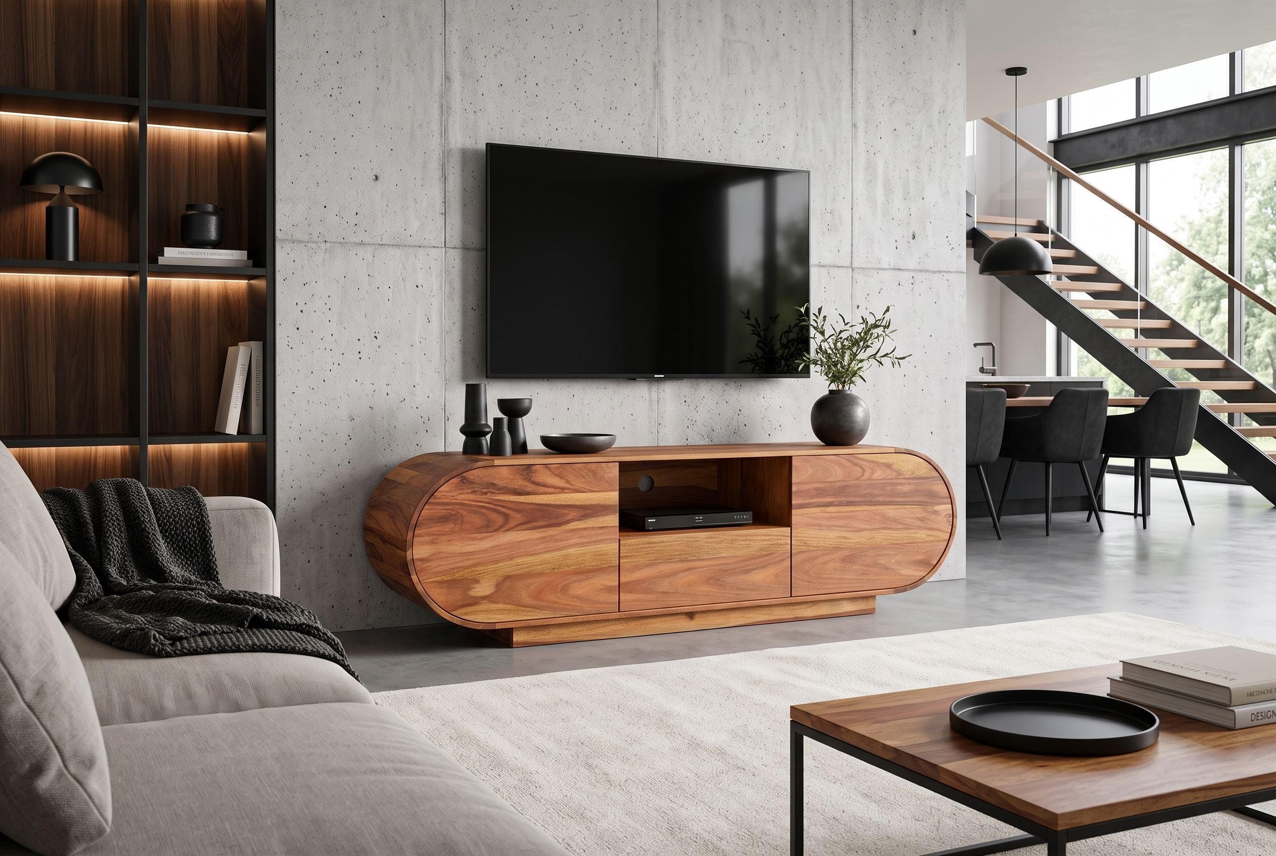 Meuble TV massif ORGANIKO 160cm bois de sheesham marron finition pierre meuble bas ovale