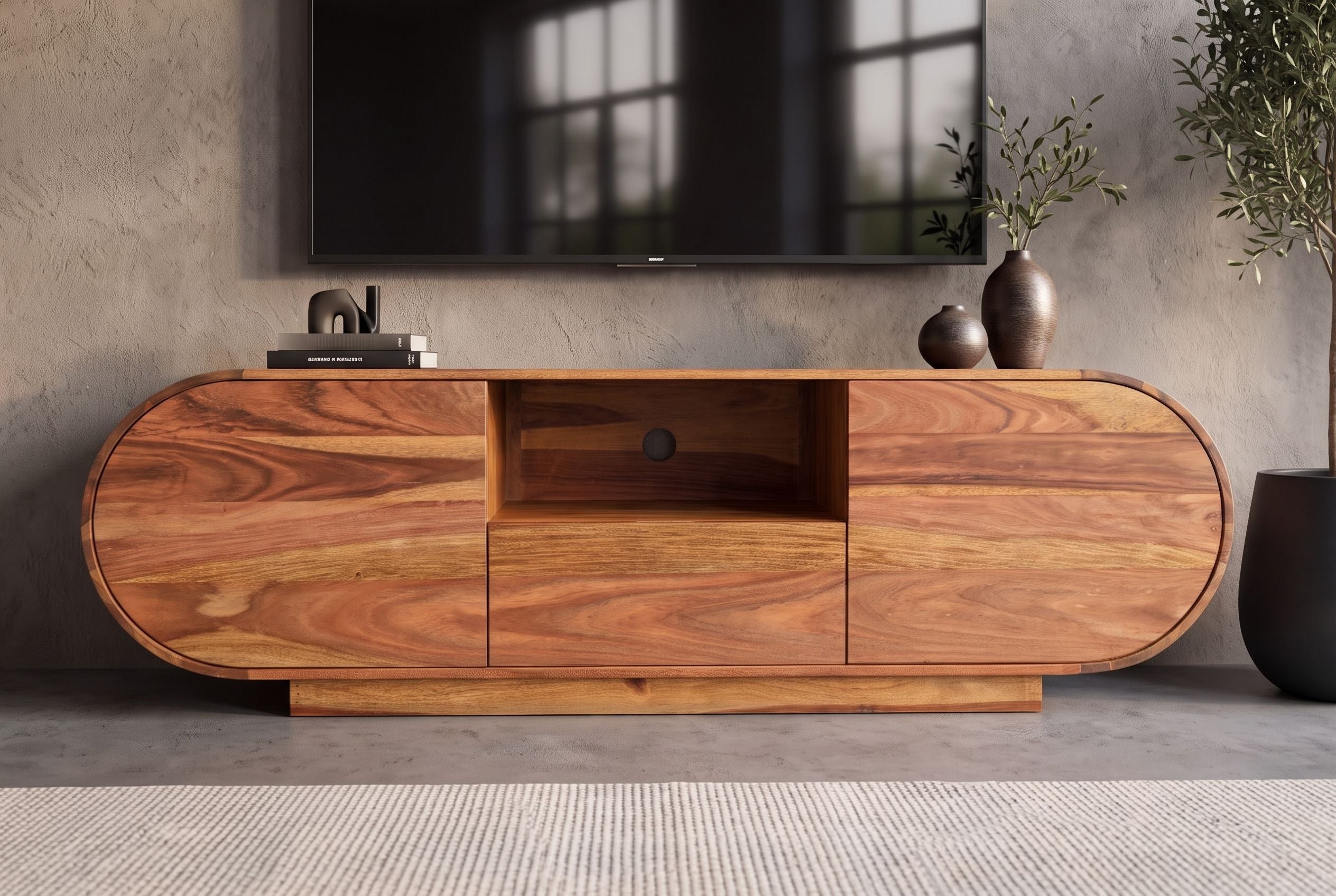 Meuble TV massif ORGANIKO 160cm bois de sheesham marron finition pierre meuble bas ovale