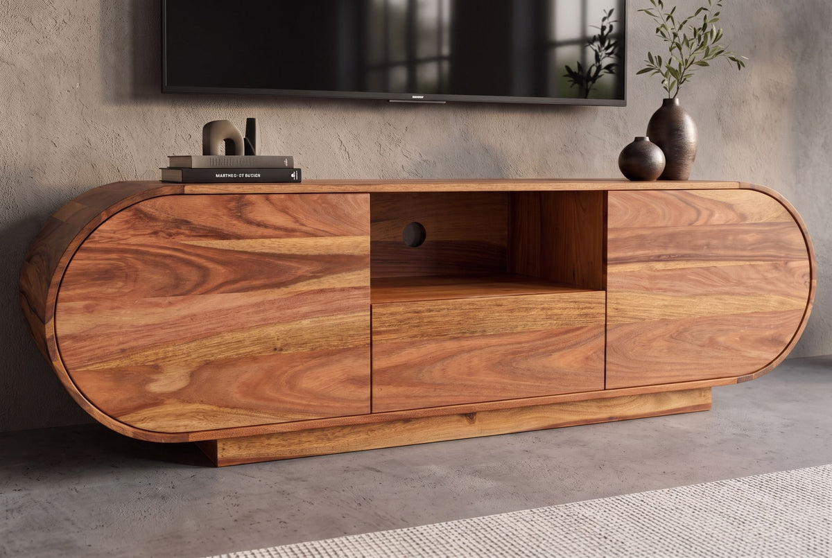 Meuble TV massif ORGANIKO 160cm bois de sheesham marron finition pierre meuble bas ovale