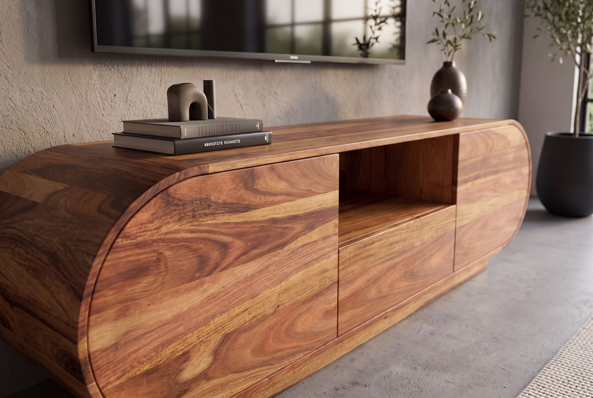 Meuble TV massif ORGANIKO 160cm bois de sheesham marron finition pierre meuble bas ovale
