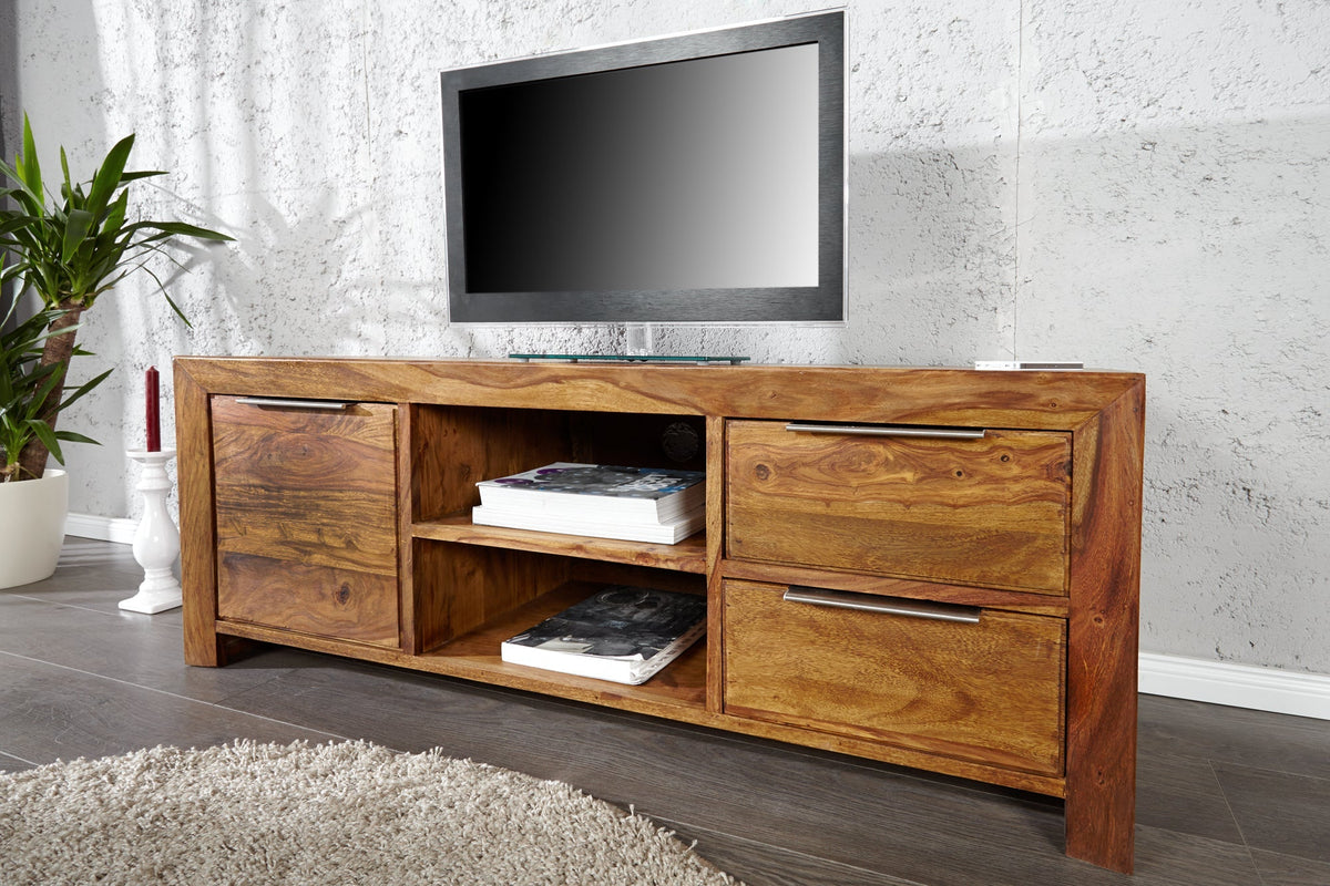 Meuble TV massif PURE 135cm marron finition pierre Sheesham bois de rose
