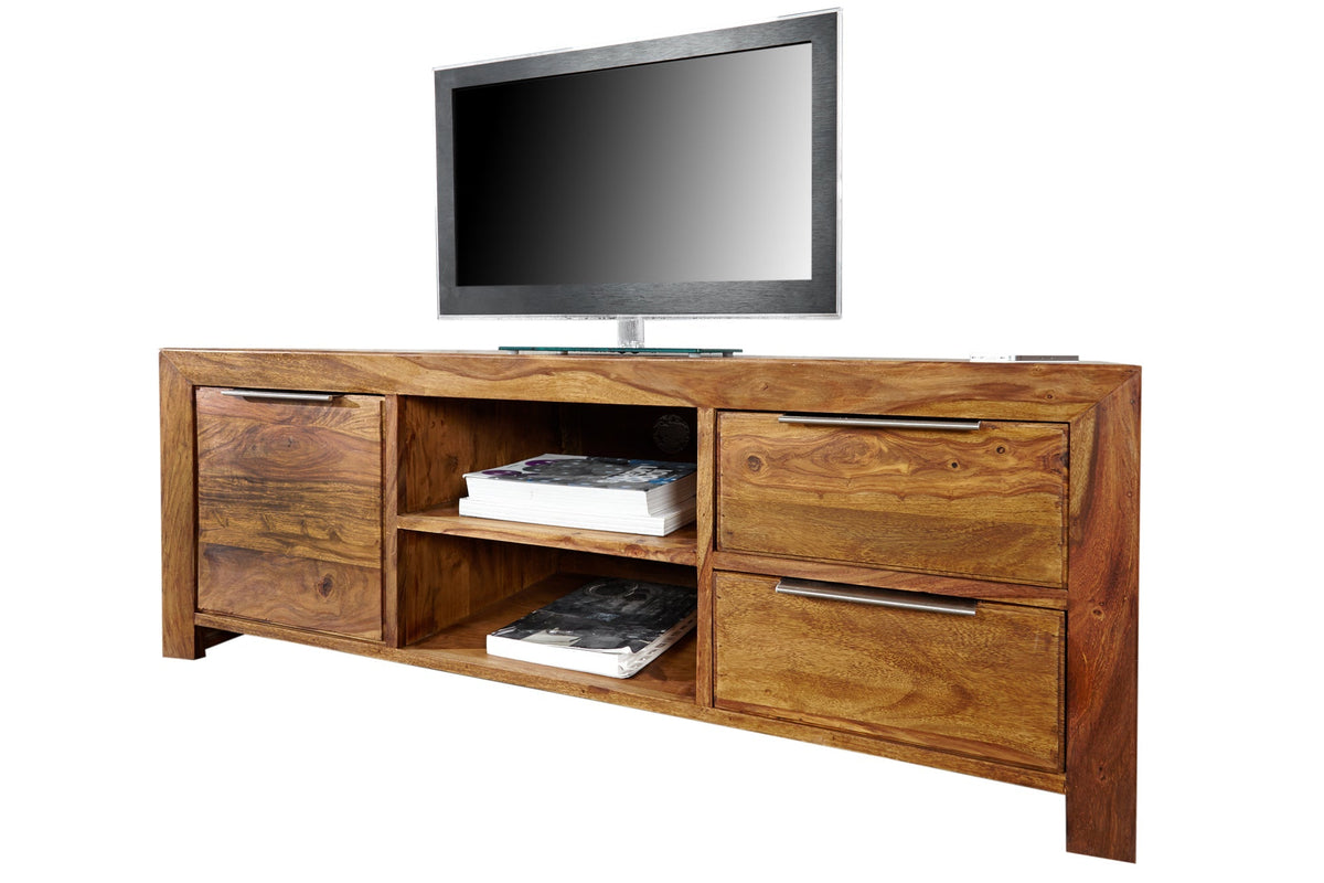 Meuble TV massif PURE 135cm marron finition pierre Sheesham bois de rose