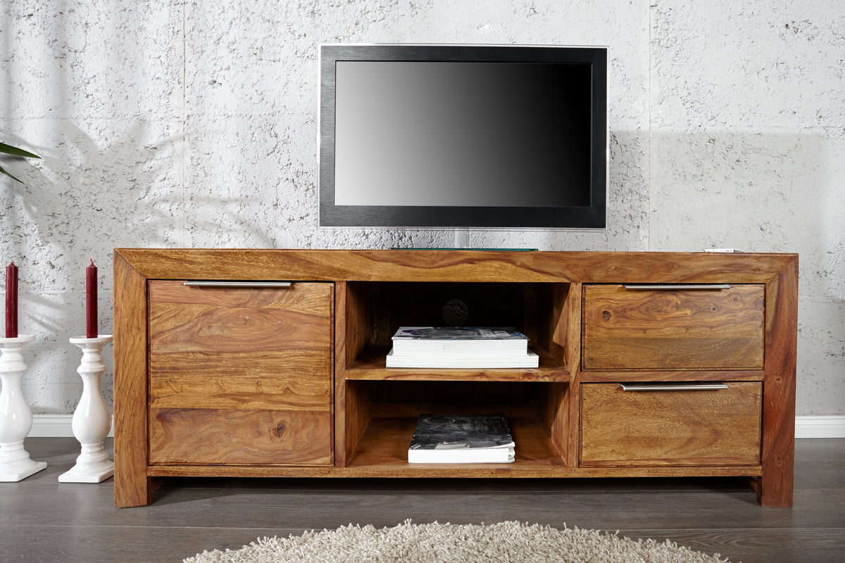 Meuble TV massif PURE 135cm marron finition pierre Sheesham bois de rose