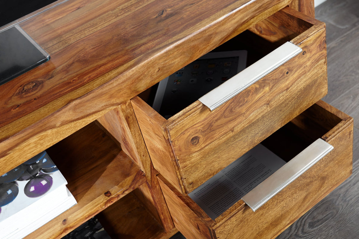 Meuble TV massif PURE 135cm marron finition pierre Sheesham bois de rose