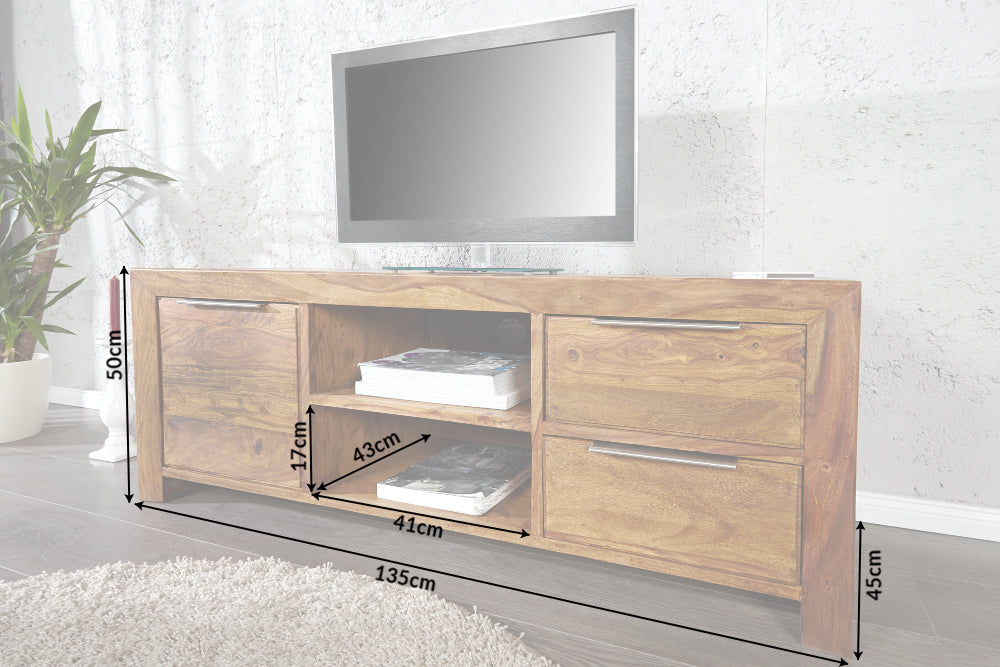 Meuble TV massif PURE 135cm marron finition pierre Sheesham bois de rose
