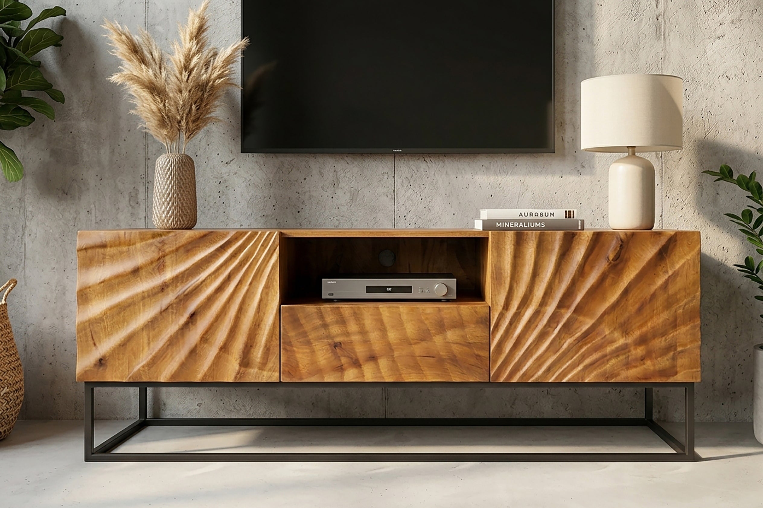 Meuble TV massif SCORPION 160 cm en bois de manguier avec sculptures 3D élaborées