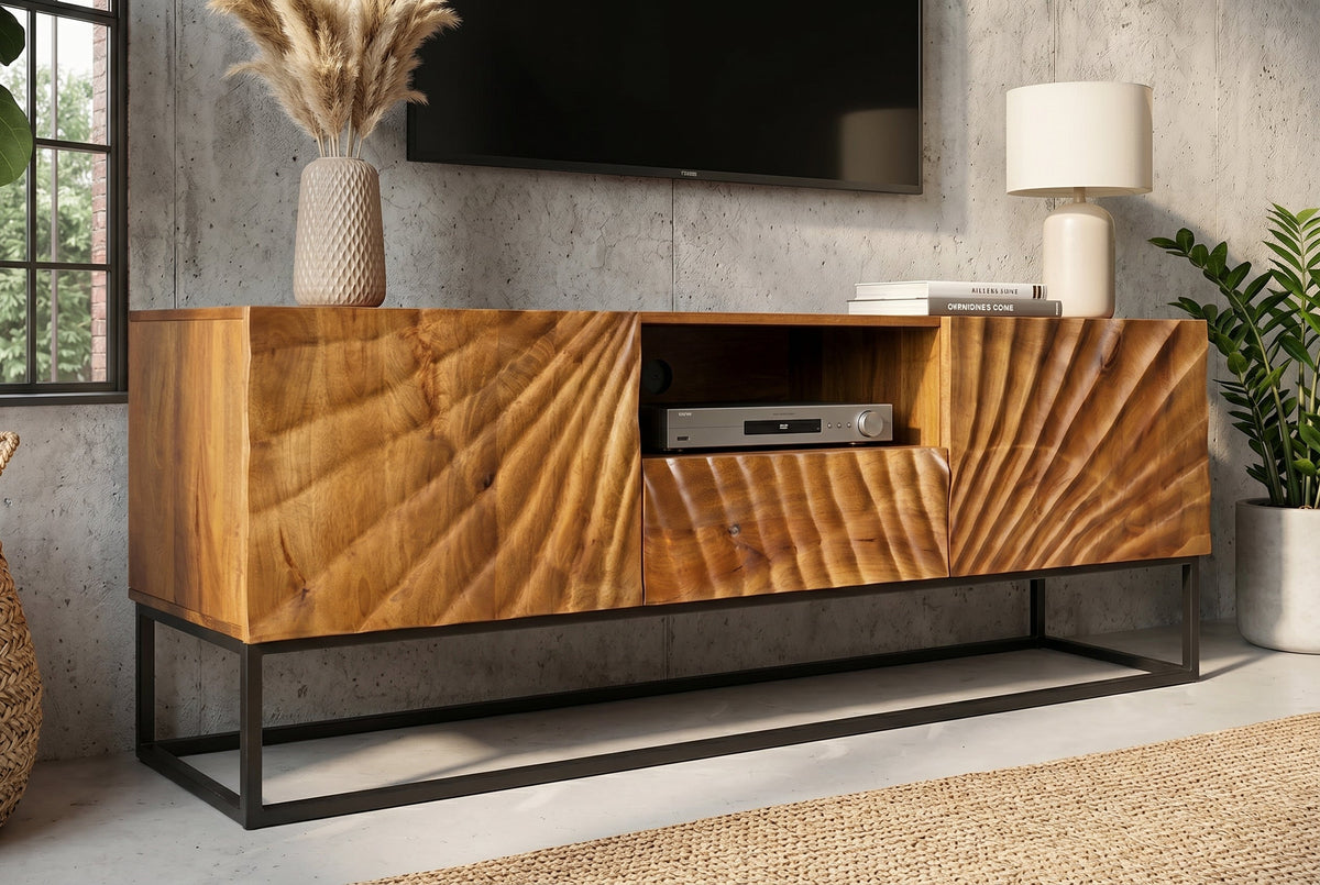 Meuble TV massif SCORPION 160 cm en bois de manguier avec sculptures 3D élaborées