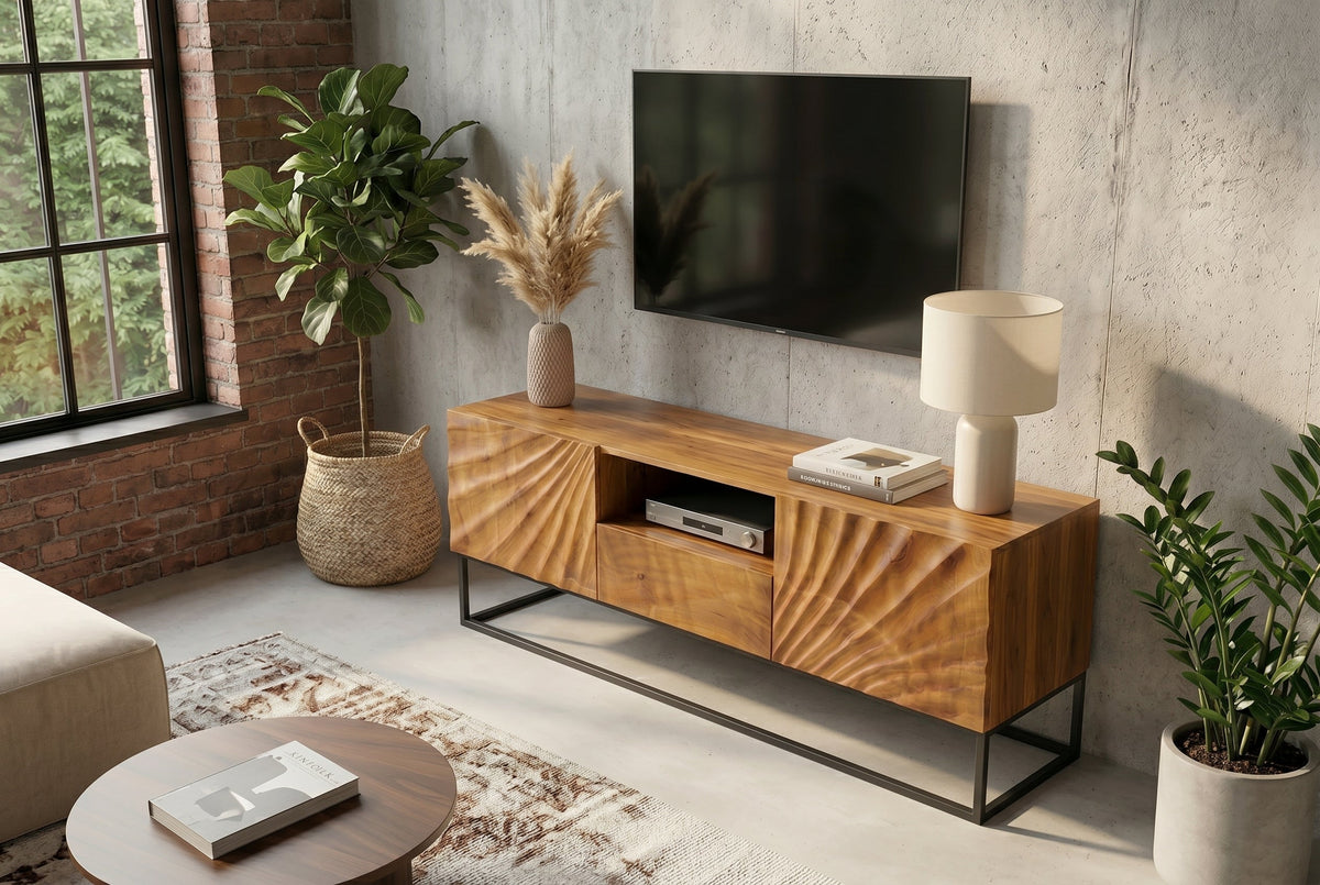 Meuble TV massif SCORPION 160 cm en bois de manguier avec sculptures 3D élaborées