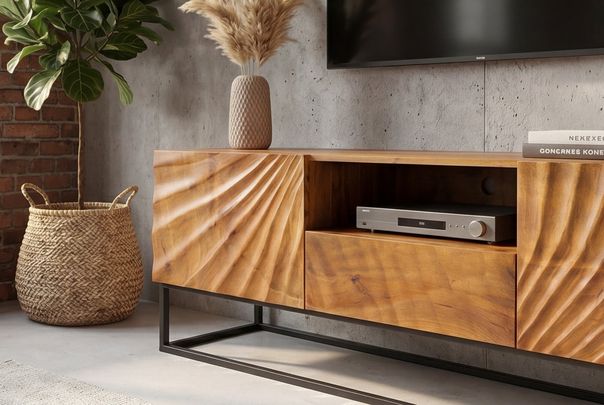 Meuble TV massif SCORPION 160 cm en bois de manguier avec sculptures 3D élaborées