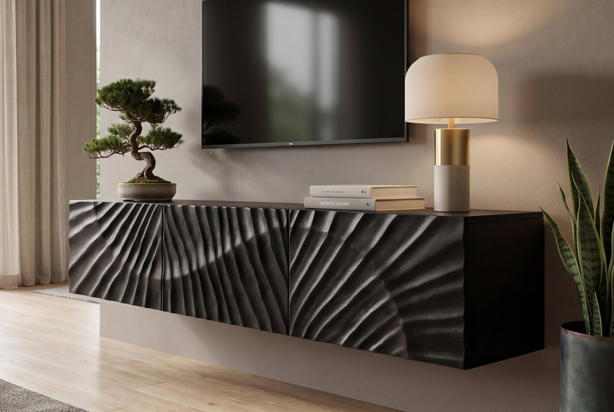 Meuble TV massif SCORPION 160cm meuble bas suspendu en manguier noir