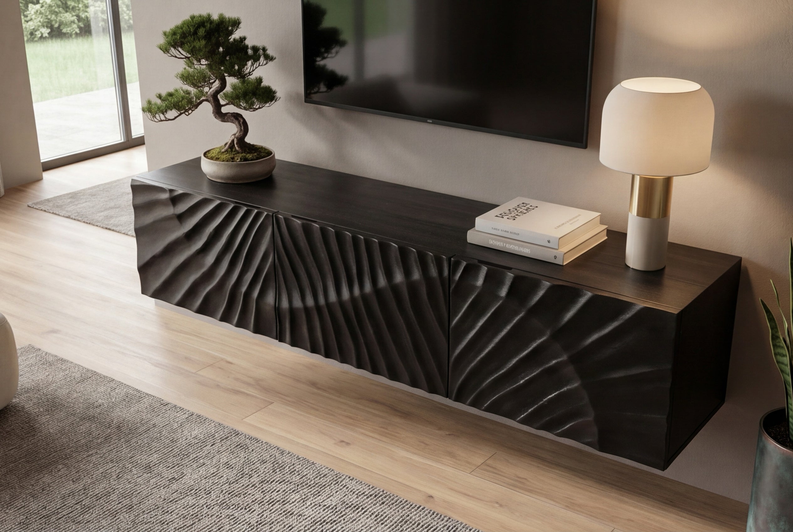 Meuble TV massif SCORPION 160cm meuble bas suspendu en manguier noir