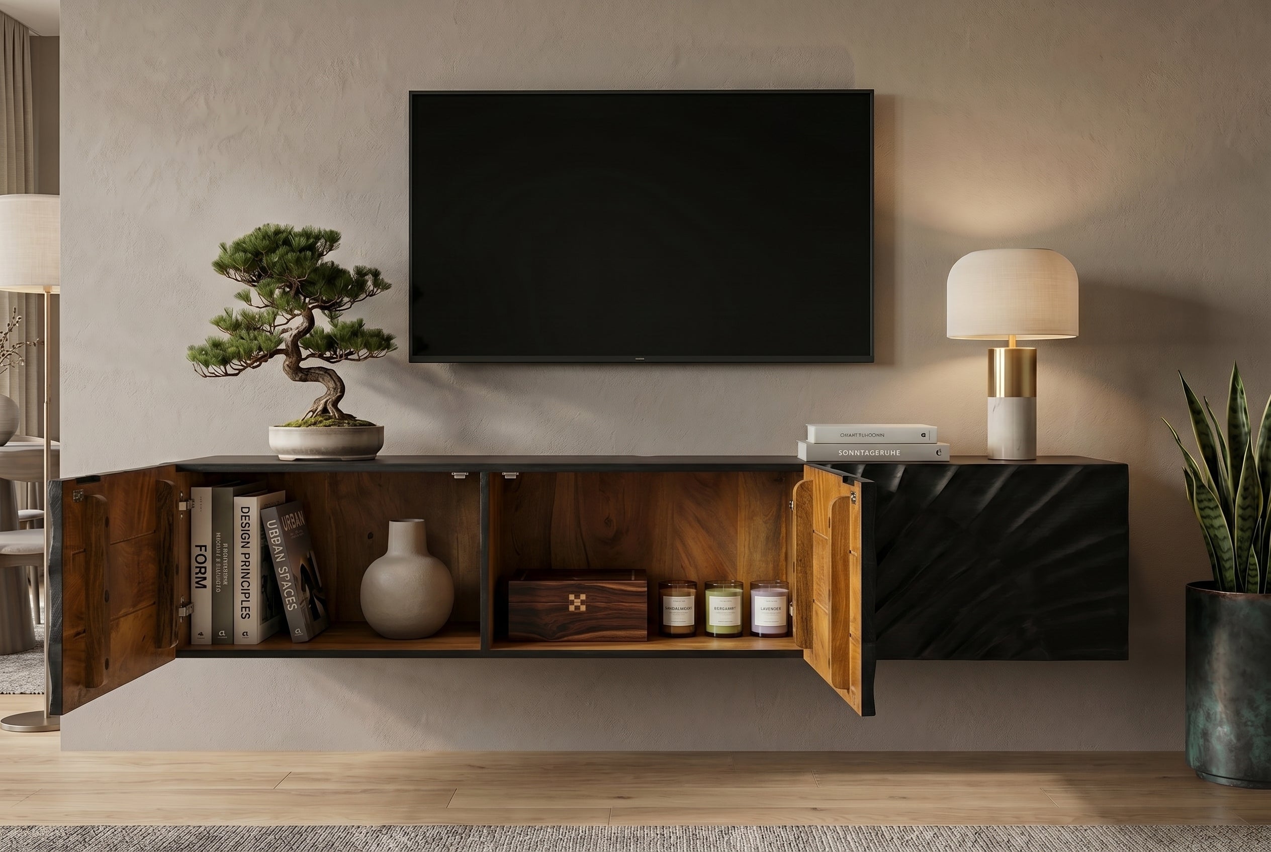 Meuble TV massif SCORPION 160cm meuble bas suspendu en manguier noir