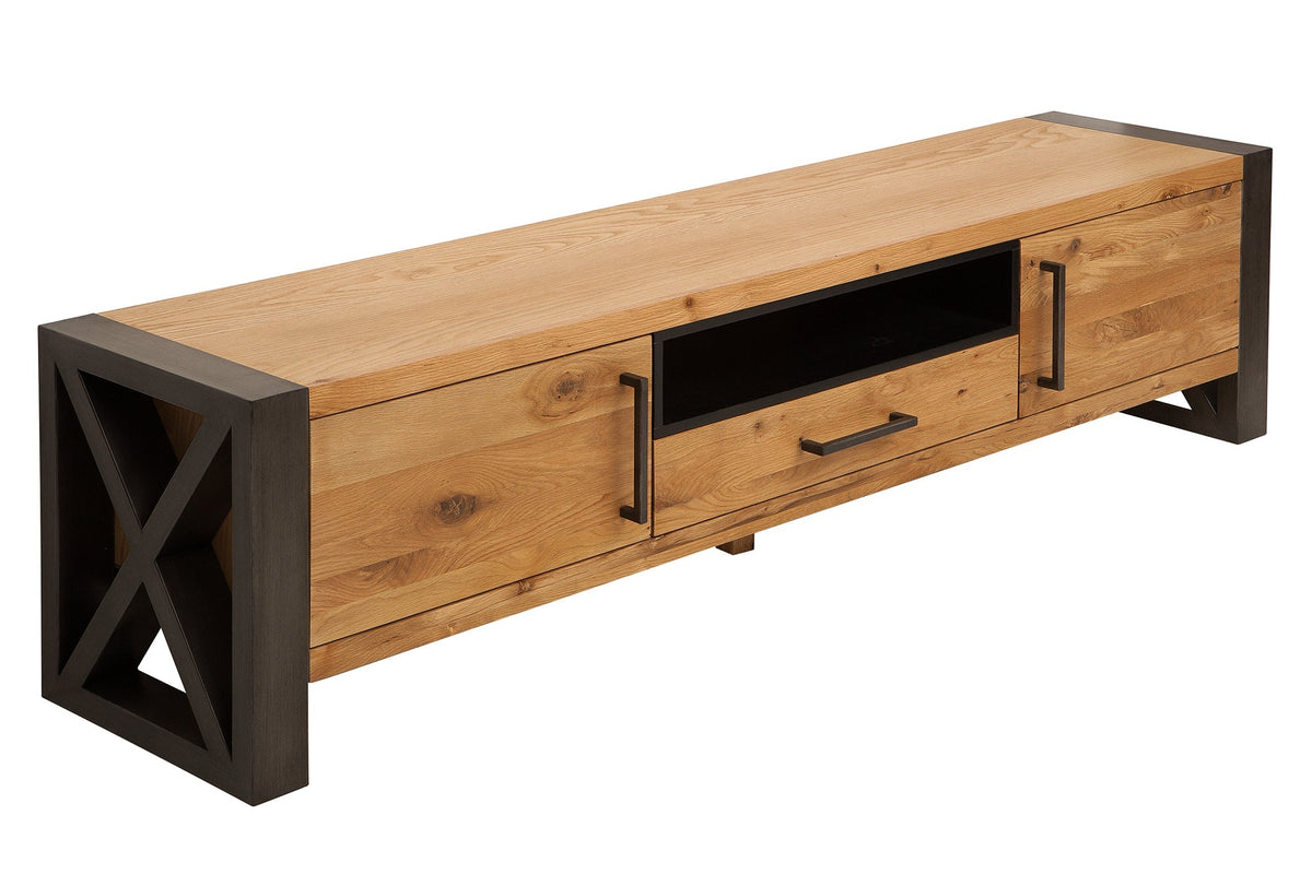 Meuble TV massif THOR 200 cm en chêne sauvage huilé au design industriel