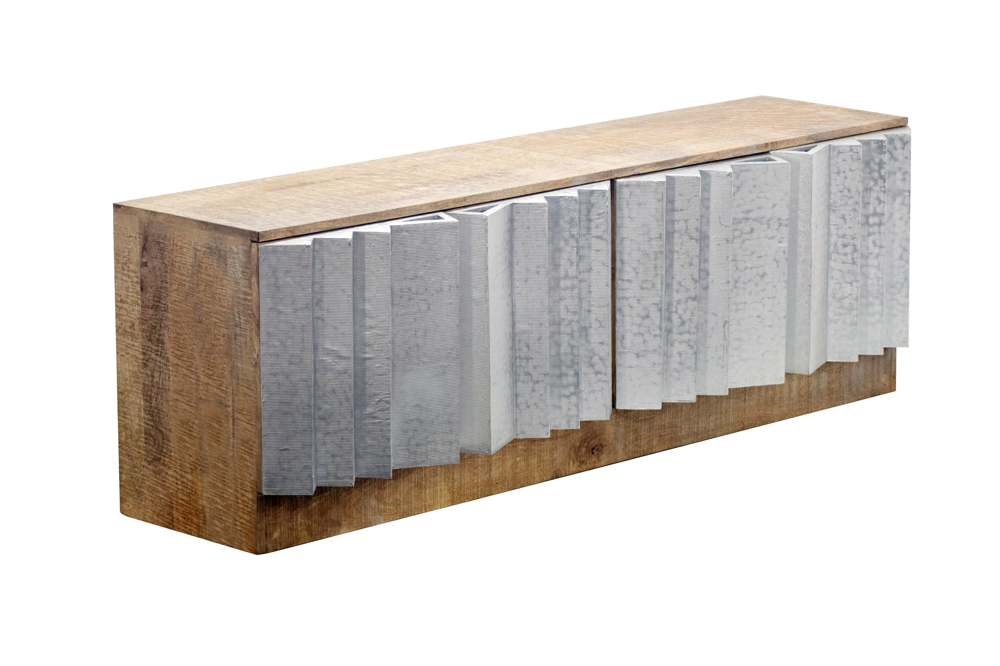 Meuble TV massif ZALVERO 150cm en bois de manguier argent naturel avec façade métal-aluminium