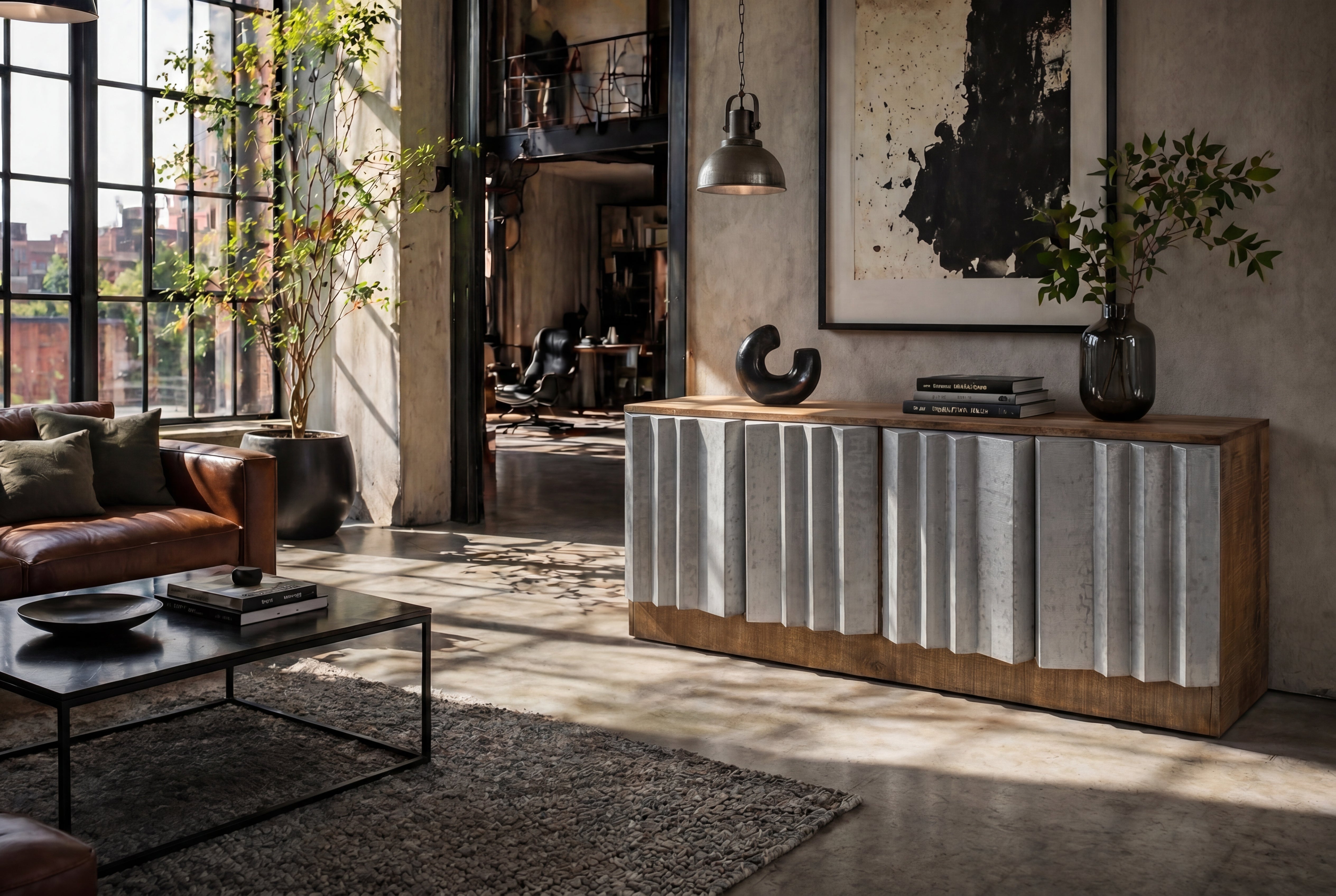 Meuble TV massif ZALVERO 150cm en bois de manguier argent naturel avec façade métal-aluminium