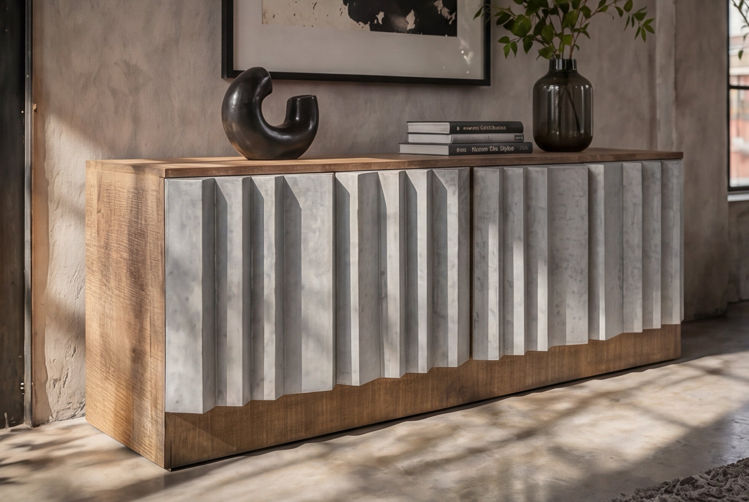 Meuble TV massif ZALVERO 150cm en bois de manguier argent naturel avec façade métal-aluminium