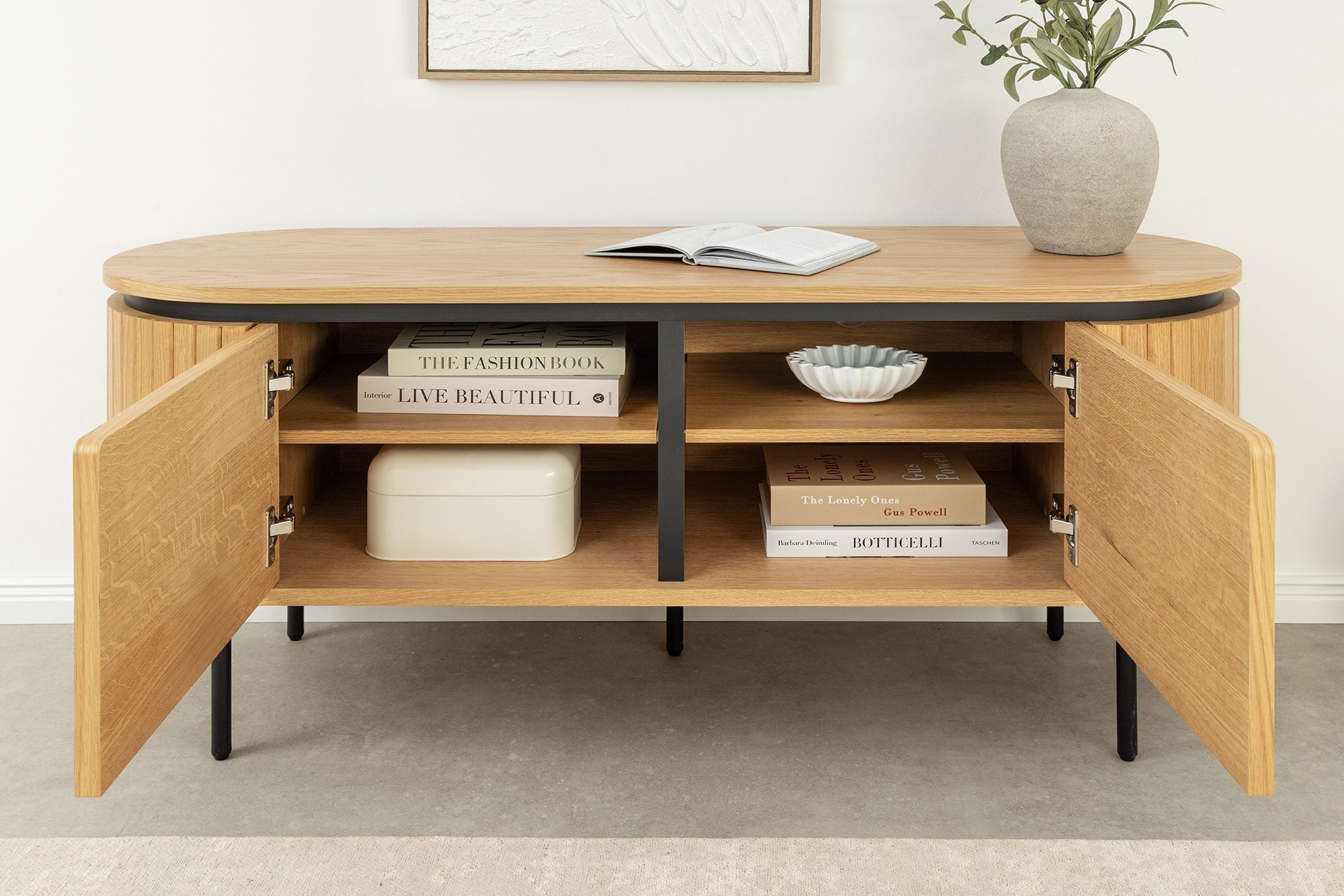 Meuble TV moderne ATELIER 120cm chêne naturel meuble bas en métal noir