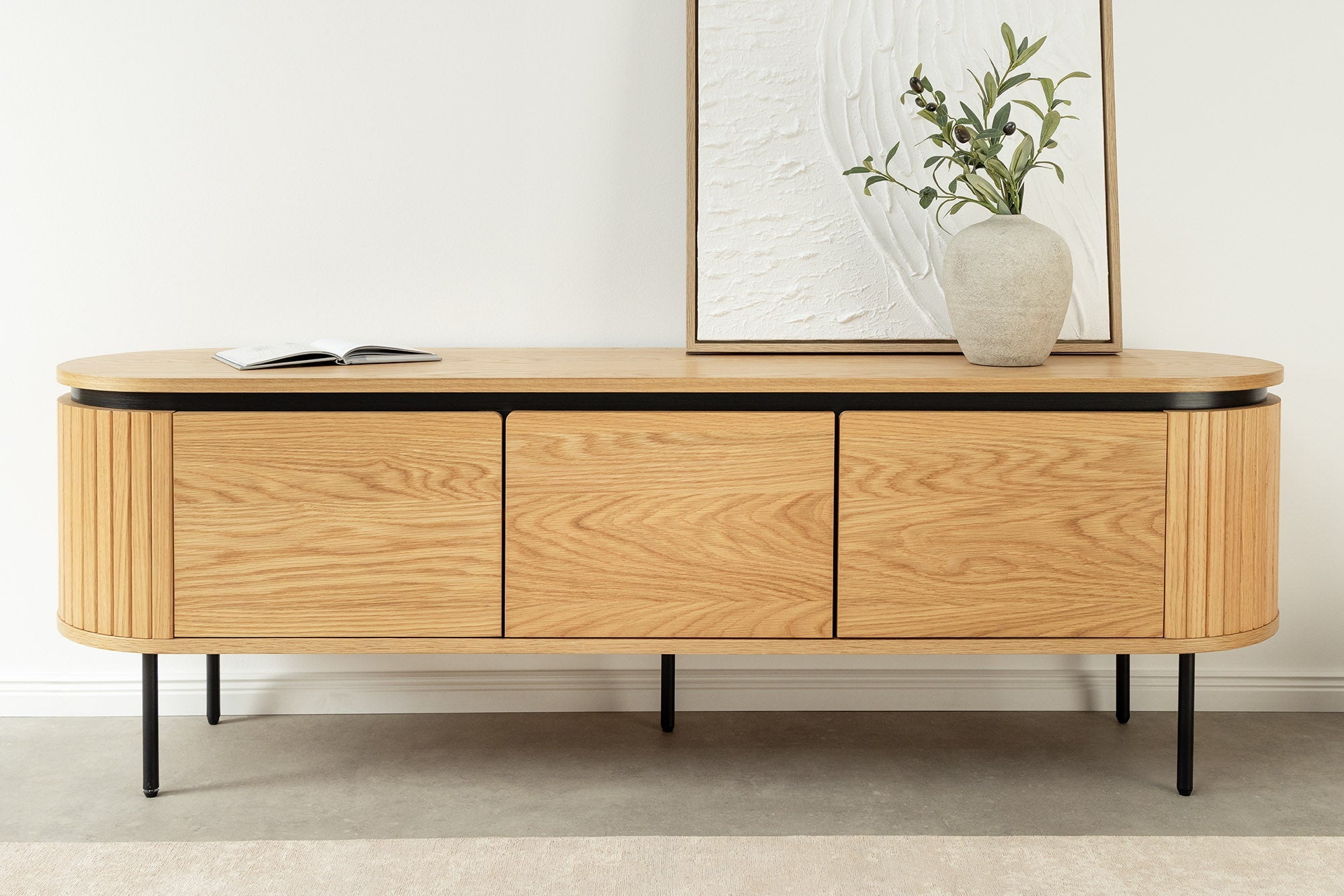 Meuble TV moderne ATELIER 160cm chêne naturel meuble bas métal noir