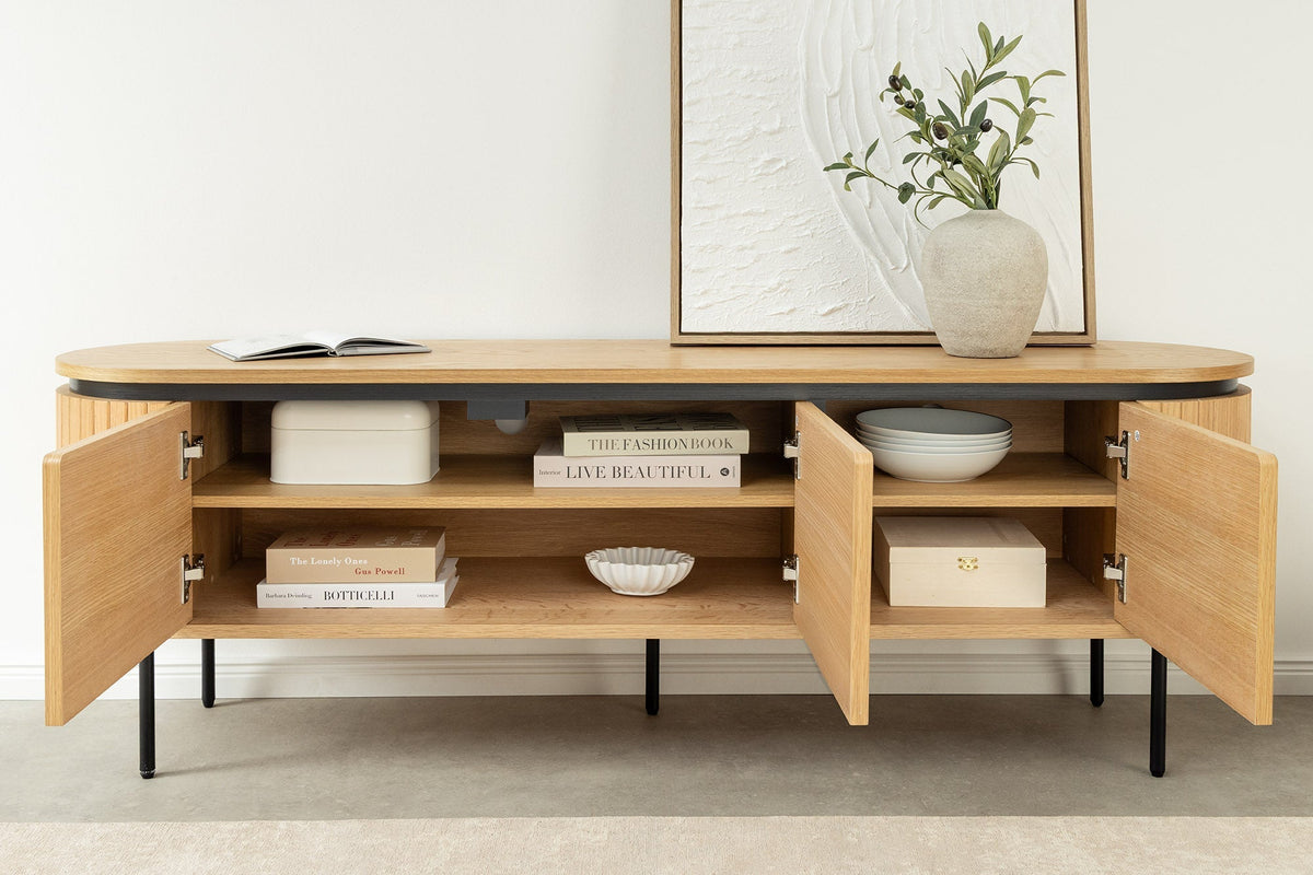 Meuble TV moderne ATELIER 160cm chêne naturel meuble bas métal noir