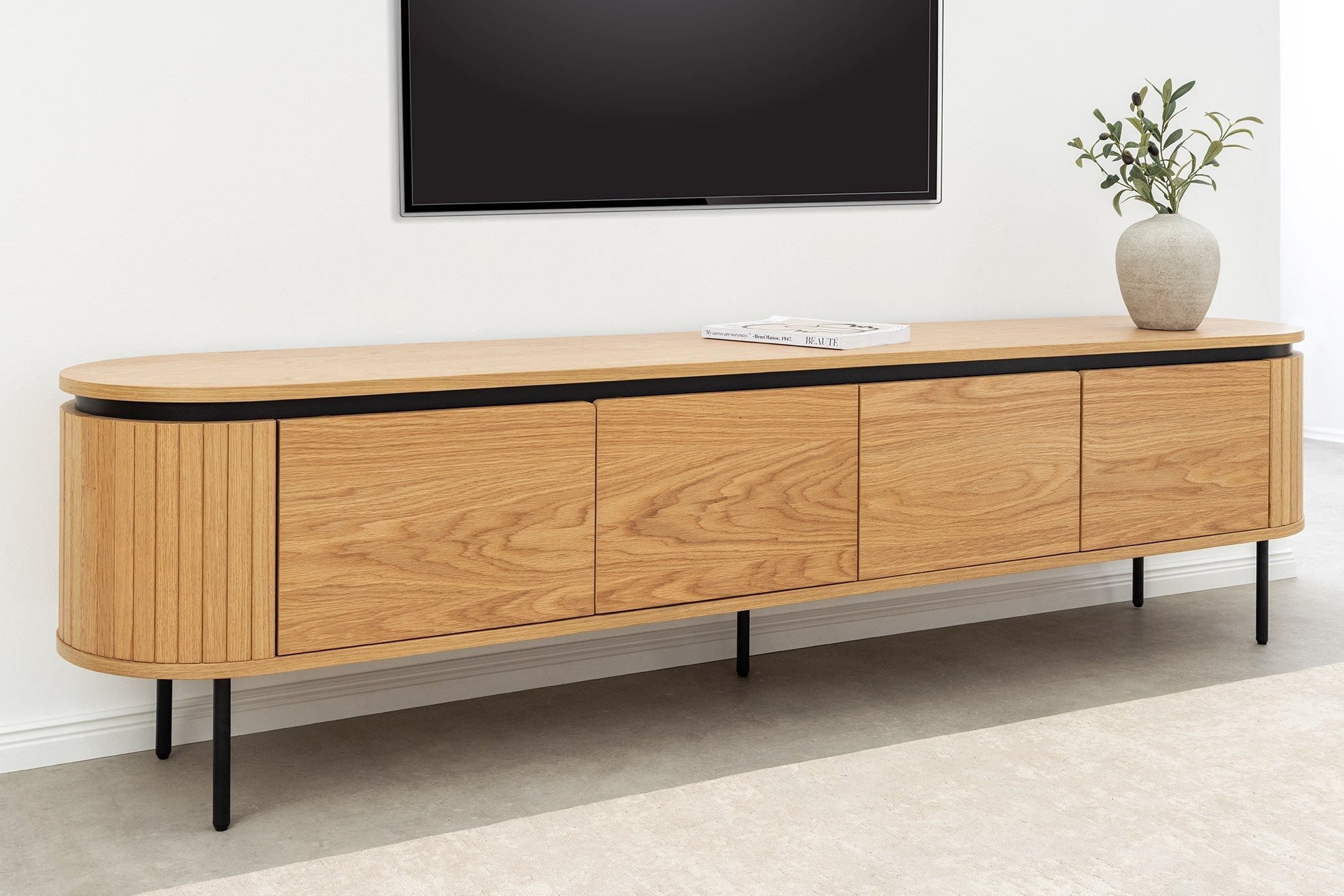 Meuble TV moderne ATELIER 200cm chêne naturel meuble bas en métal noir