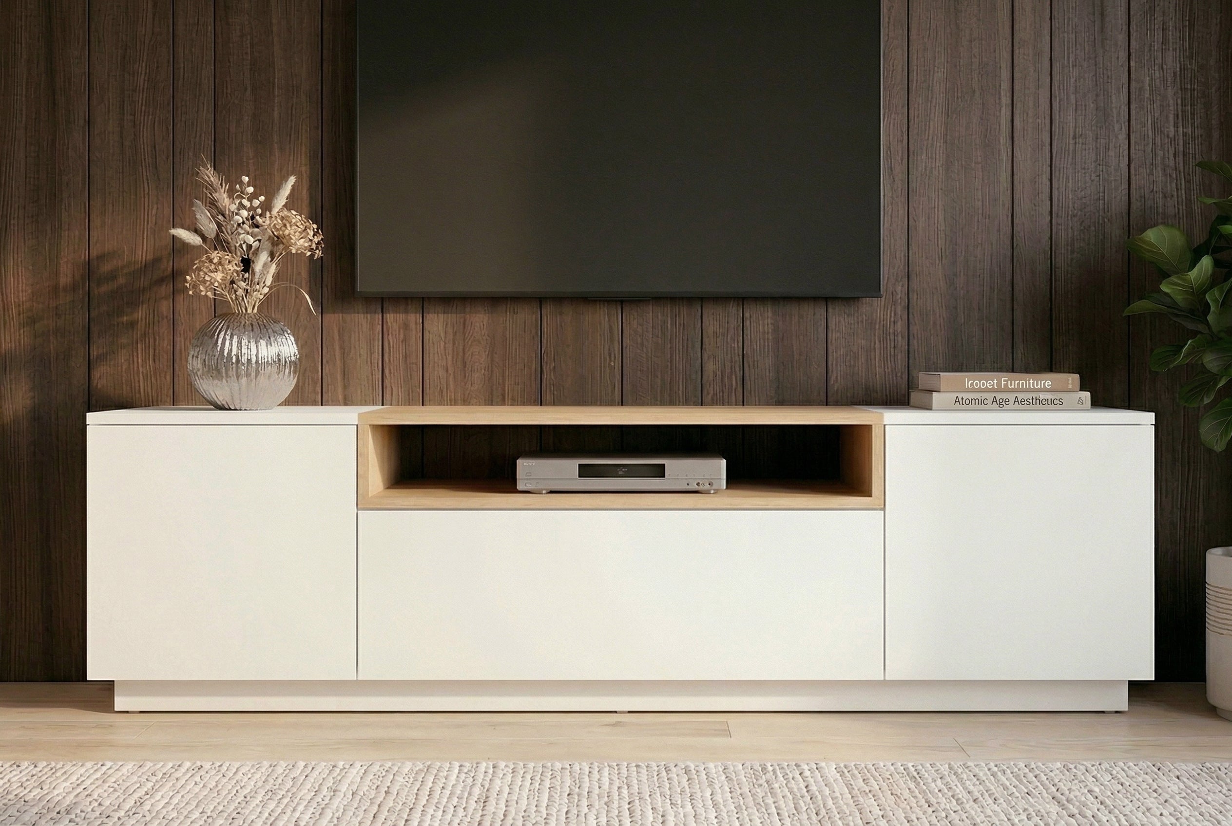 Meuble TV moderne LOFT 160cm blanc naturel trois compartiments avec tiroir
