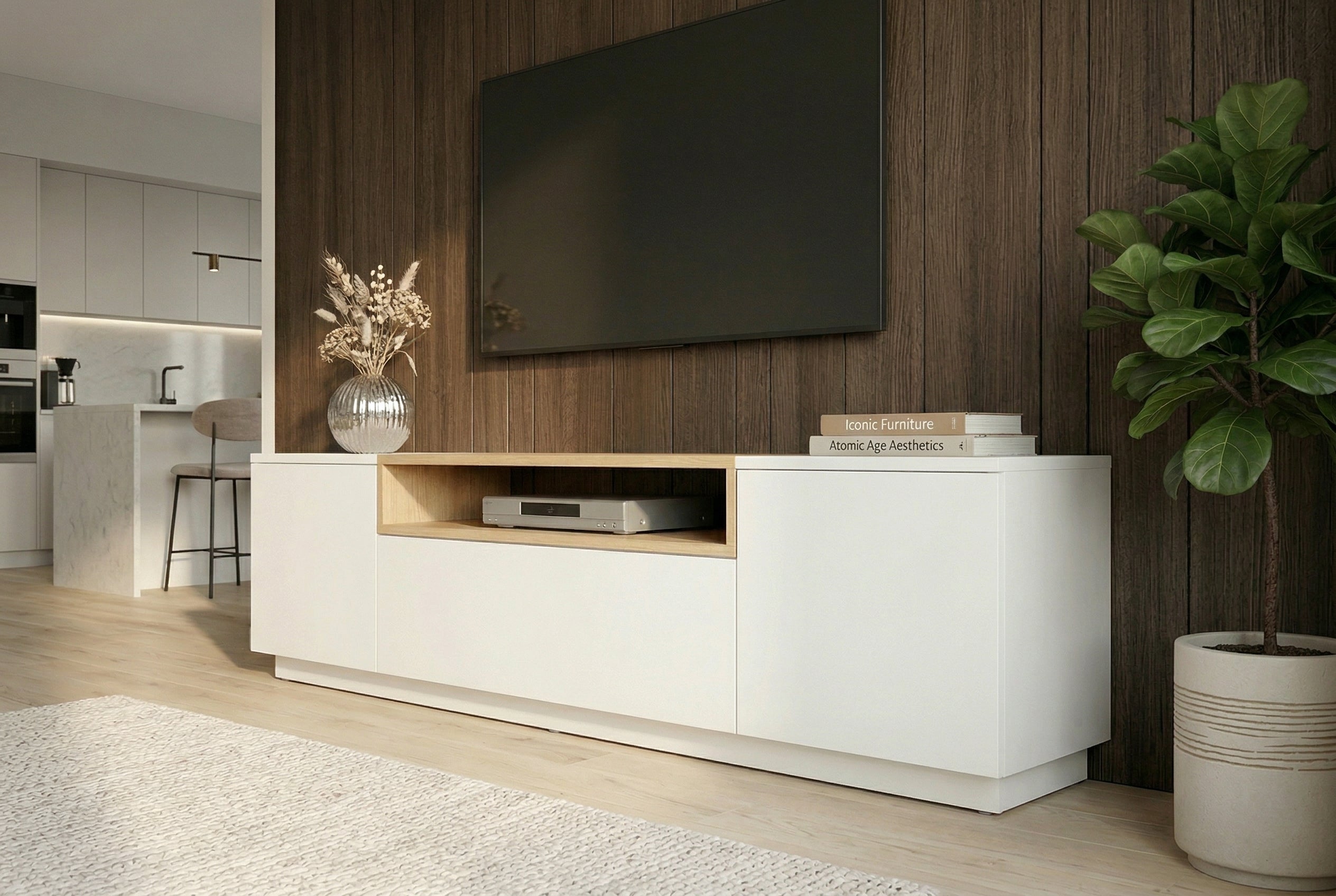 Meuble TV moderne LOFT 160cm blanc naturel trois compartiments avec tiroir
